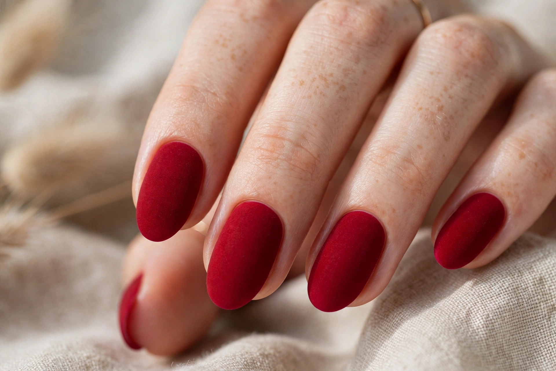 Matte crimson red nail designs with velvety flat finish