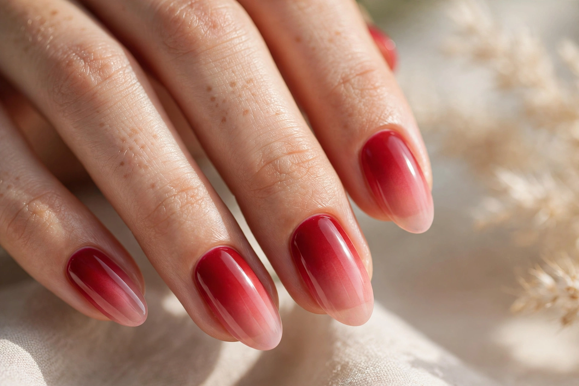 Red ombre nail designs with gradient fade from nude to red