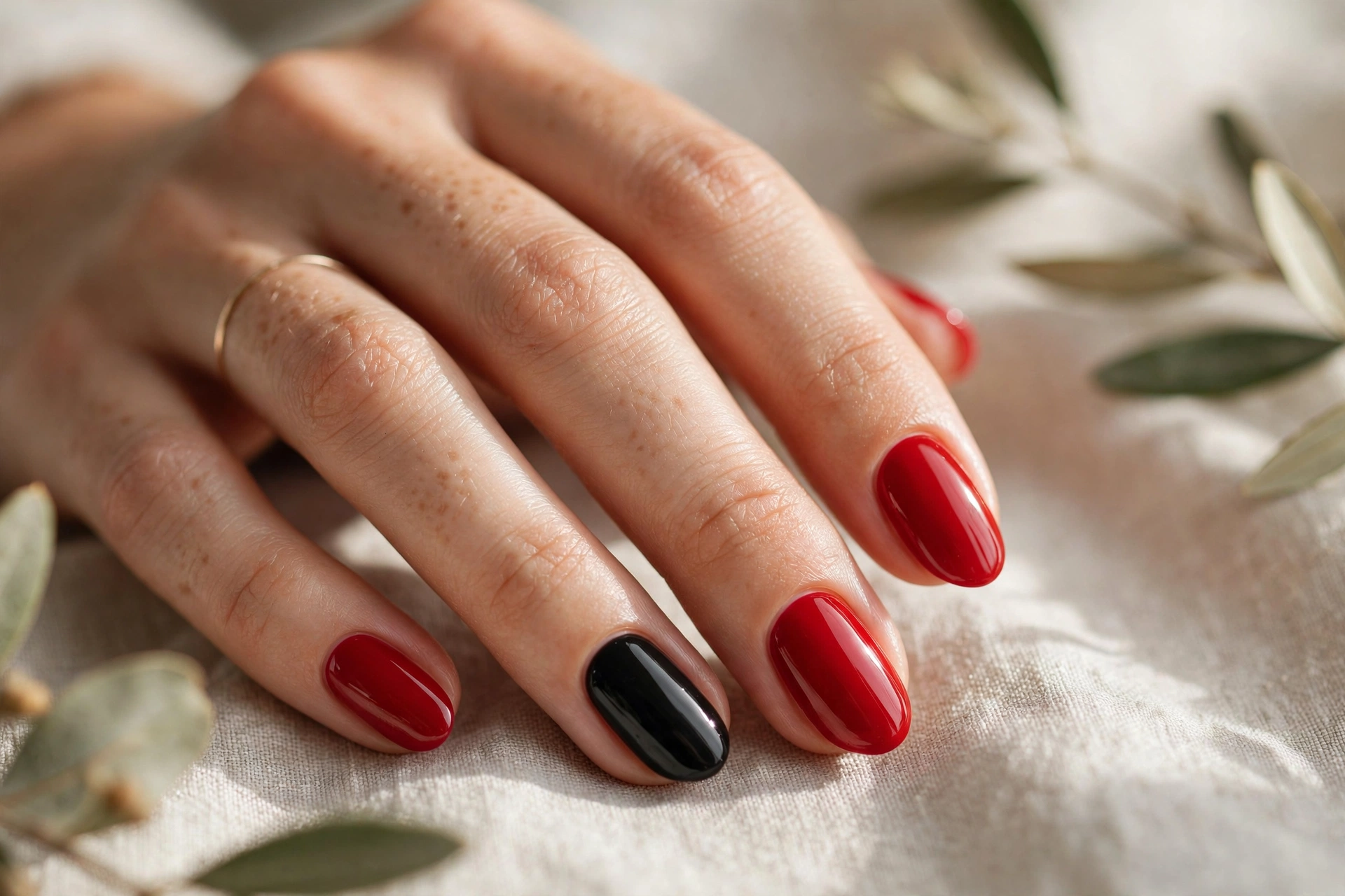 Red nail designs with black accent nail edgy contrast manicure