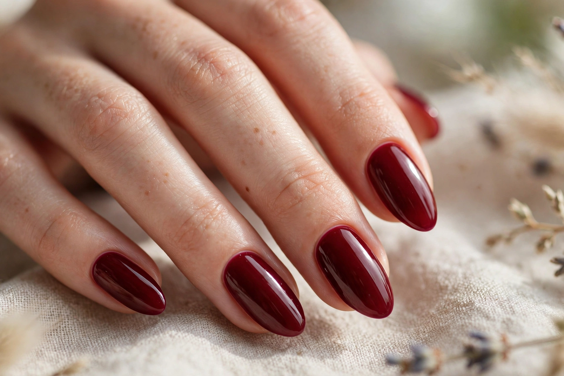 Wine red nail designs on elegant almond shaped nails