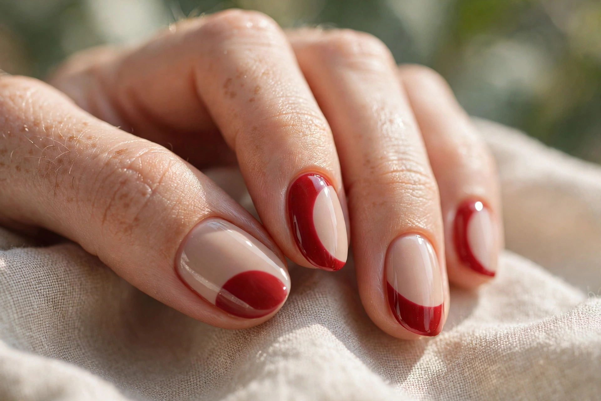 Red and nude half moon nail designs retro vintage manicure