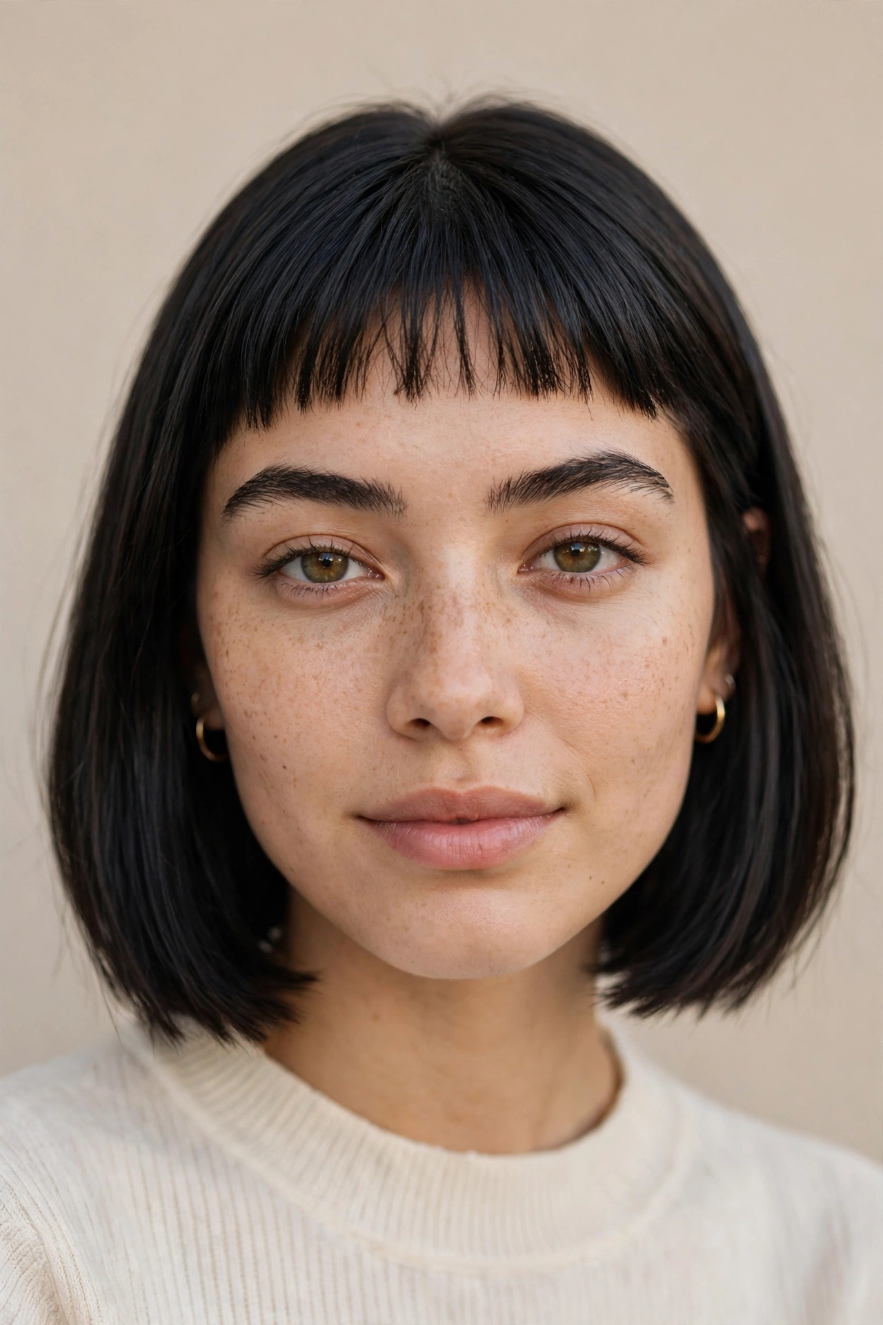 Chin-length bob with micro bangs, a retro short bob hairstyle idea