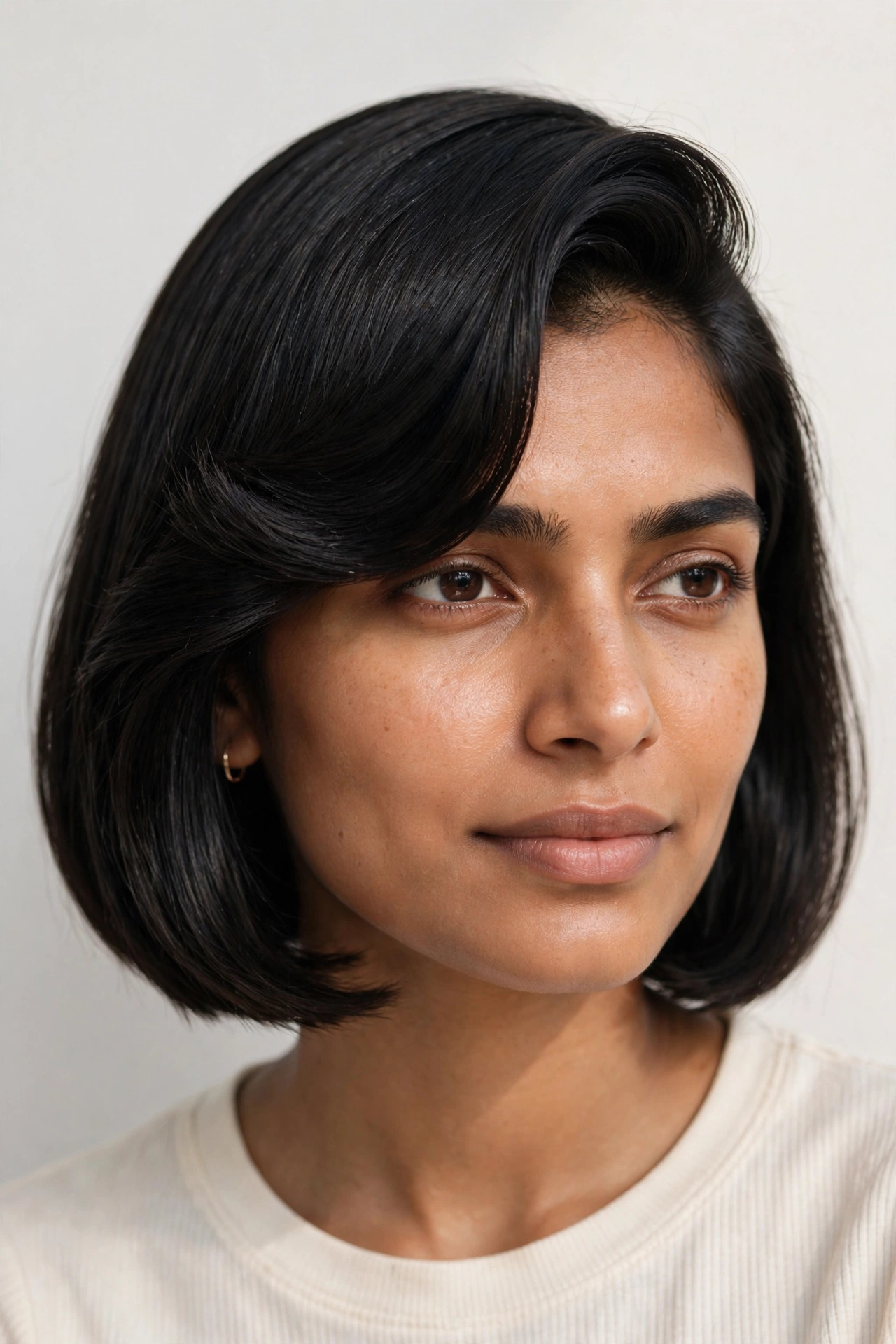 Chin-length bob with a deep side part, a glamorous short bob hairstyle idea