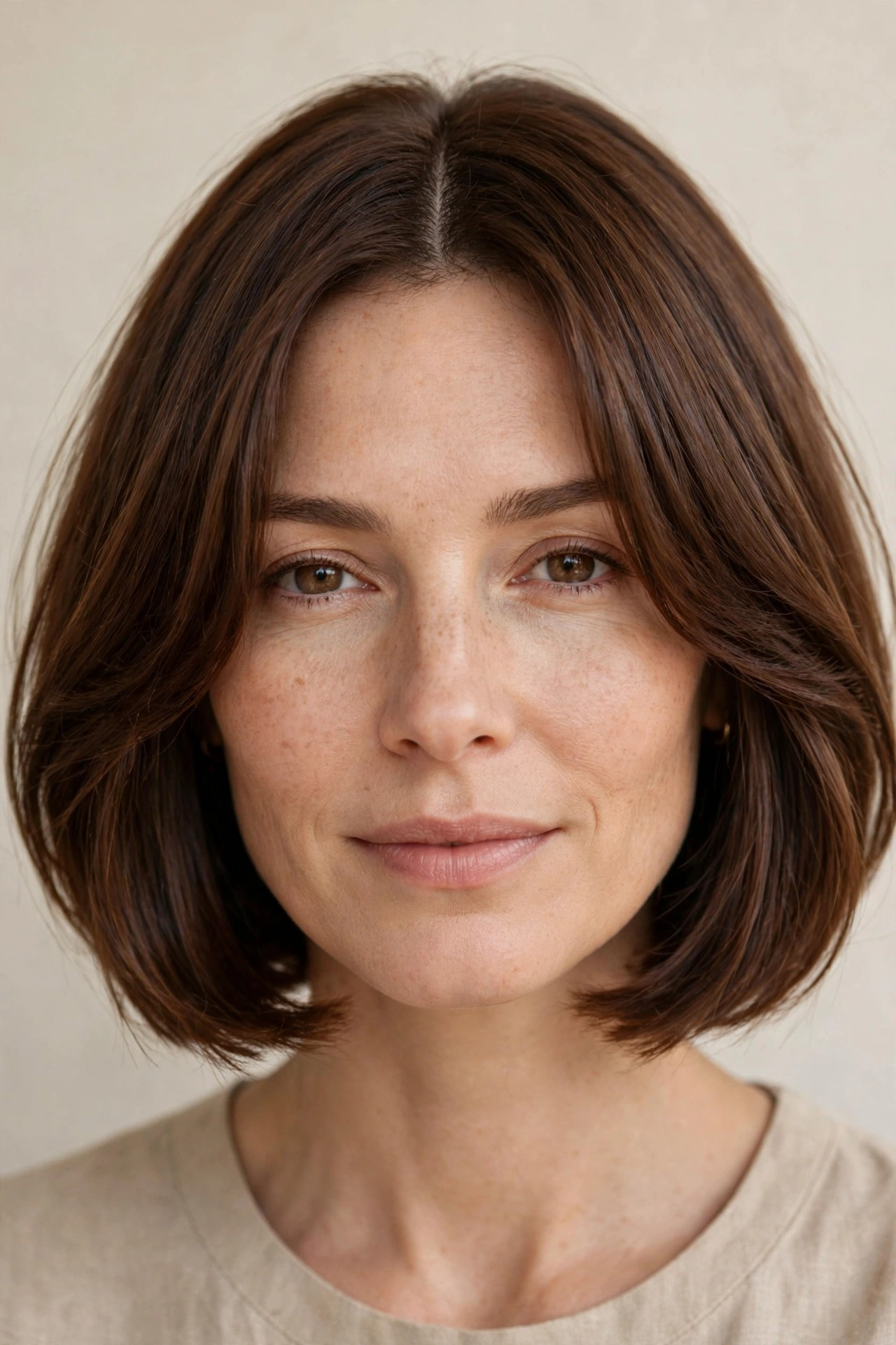 Jaw-length bob with curtain bangs, a soft short bob hairstyle idea