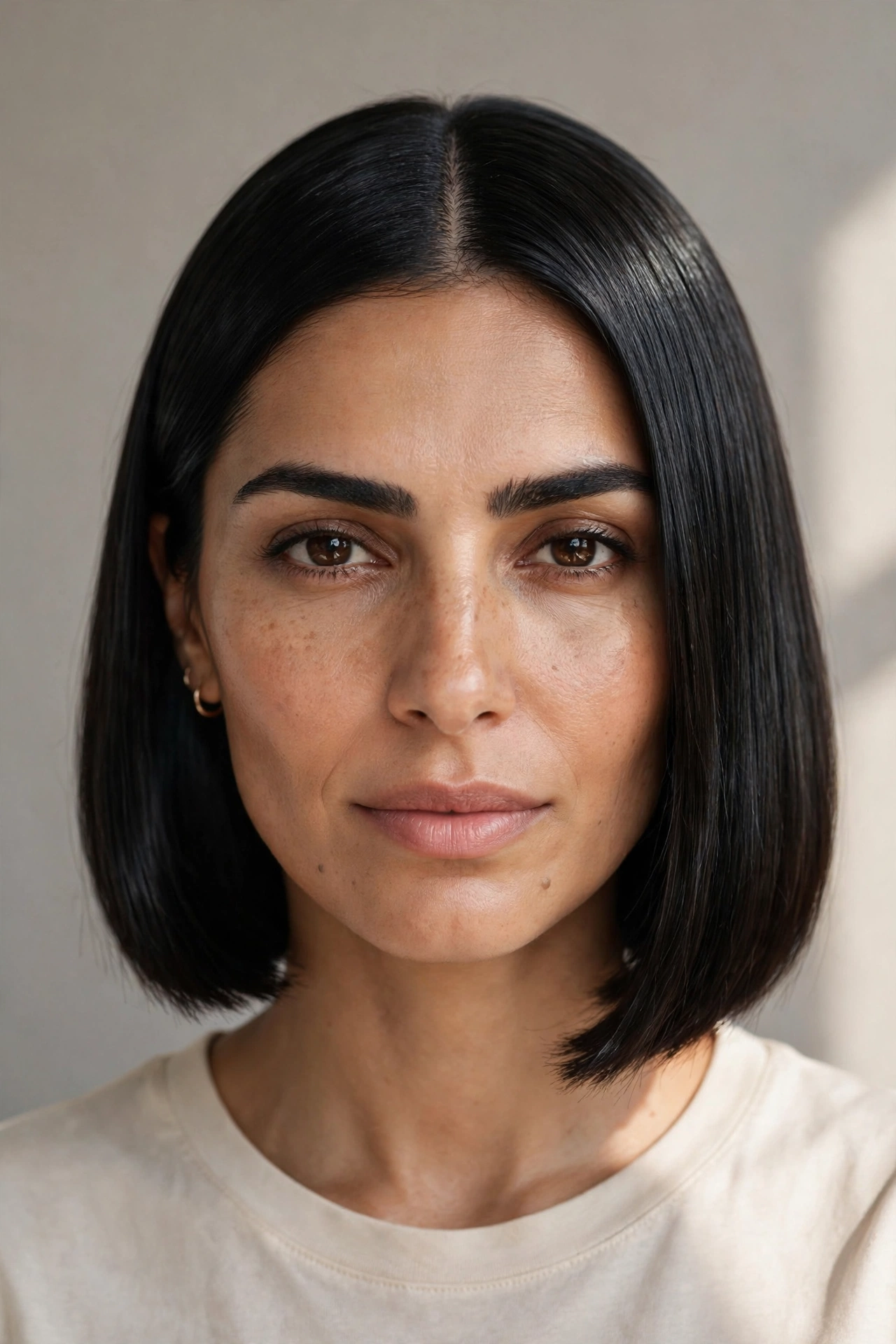 Sleek center-part bob with a glass finish, a polished short bob hairstyle idea