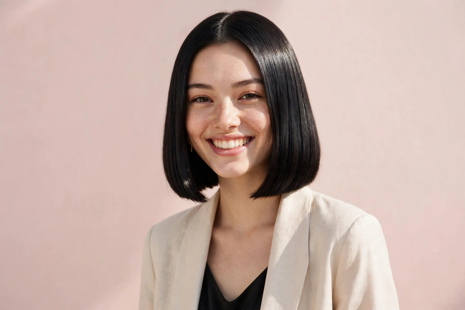 Woman with a sleek chin-length bob, a collage of short bob hairstyle ideas