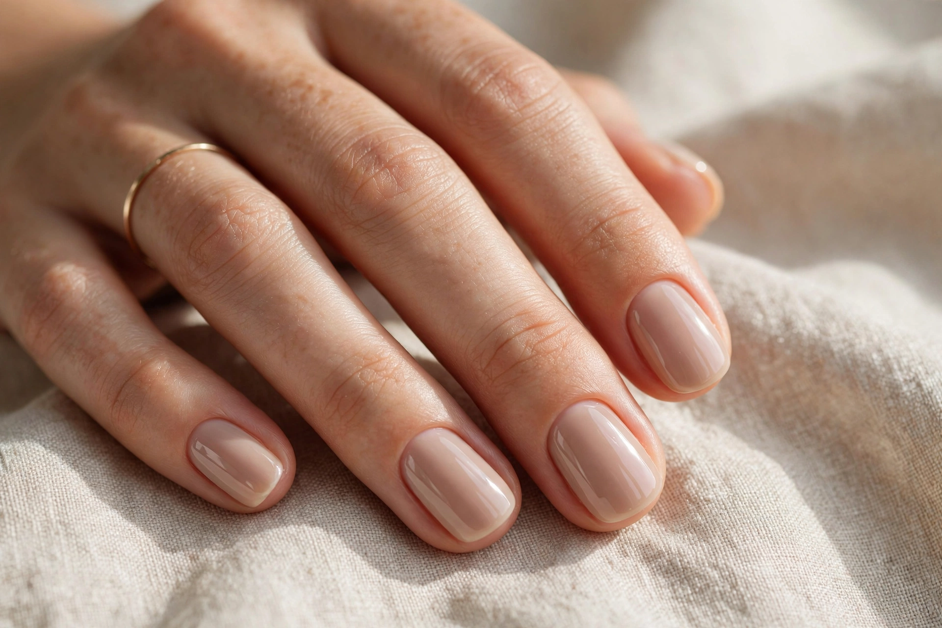Classic nude short nail designs with a glossy elegant finish