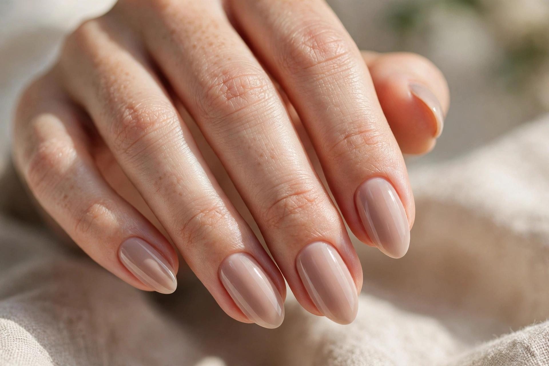 Short almond nude short nail designs for an elongated elegant look