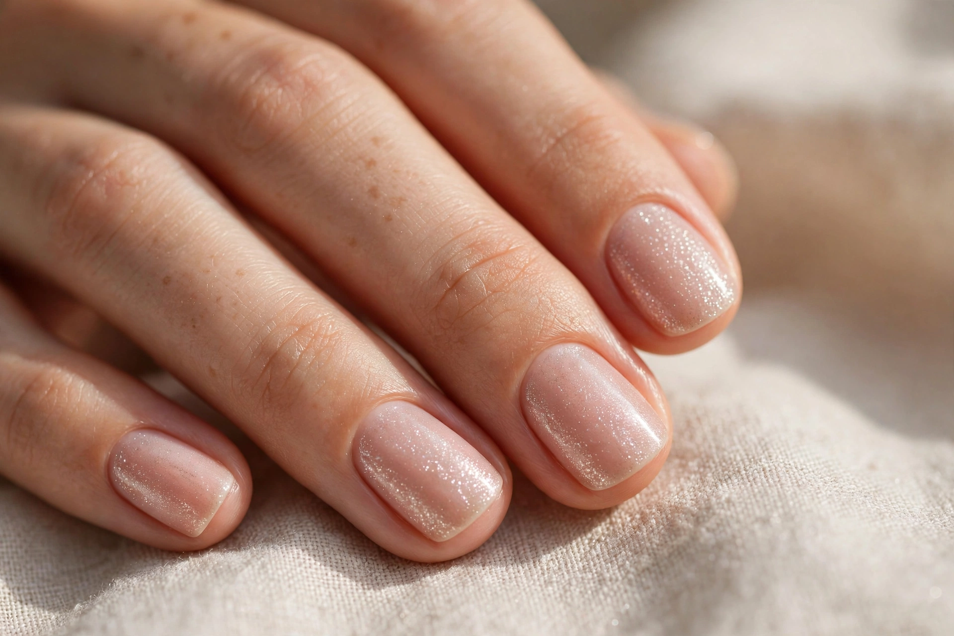 Shimmer top coat short nail designs for subtle everyday sparkle