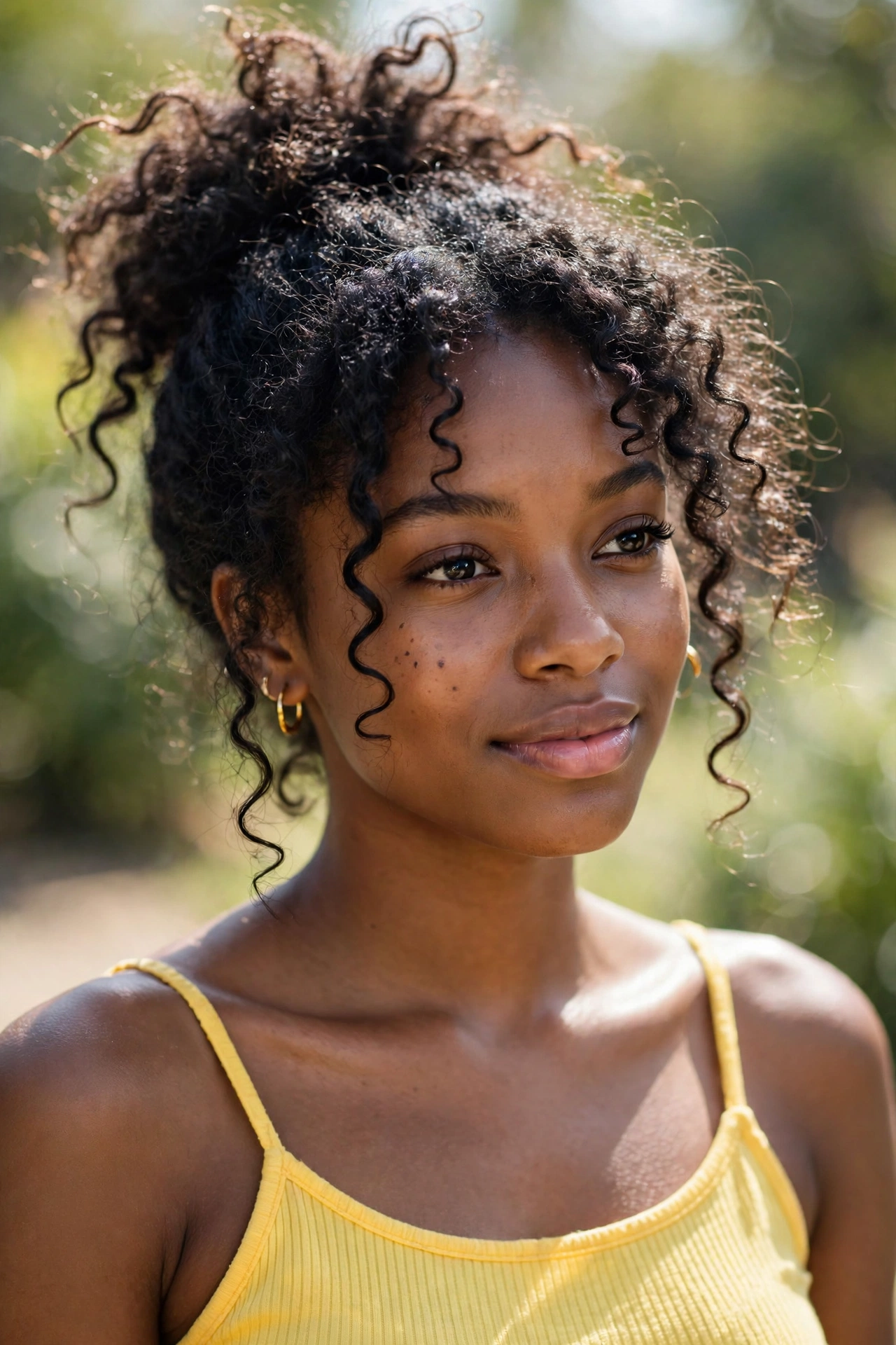 Woman with a high messy bun, one of the best summer hairstyles