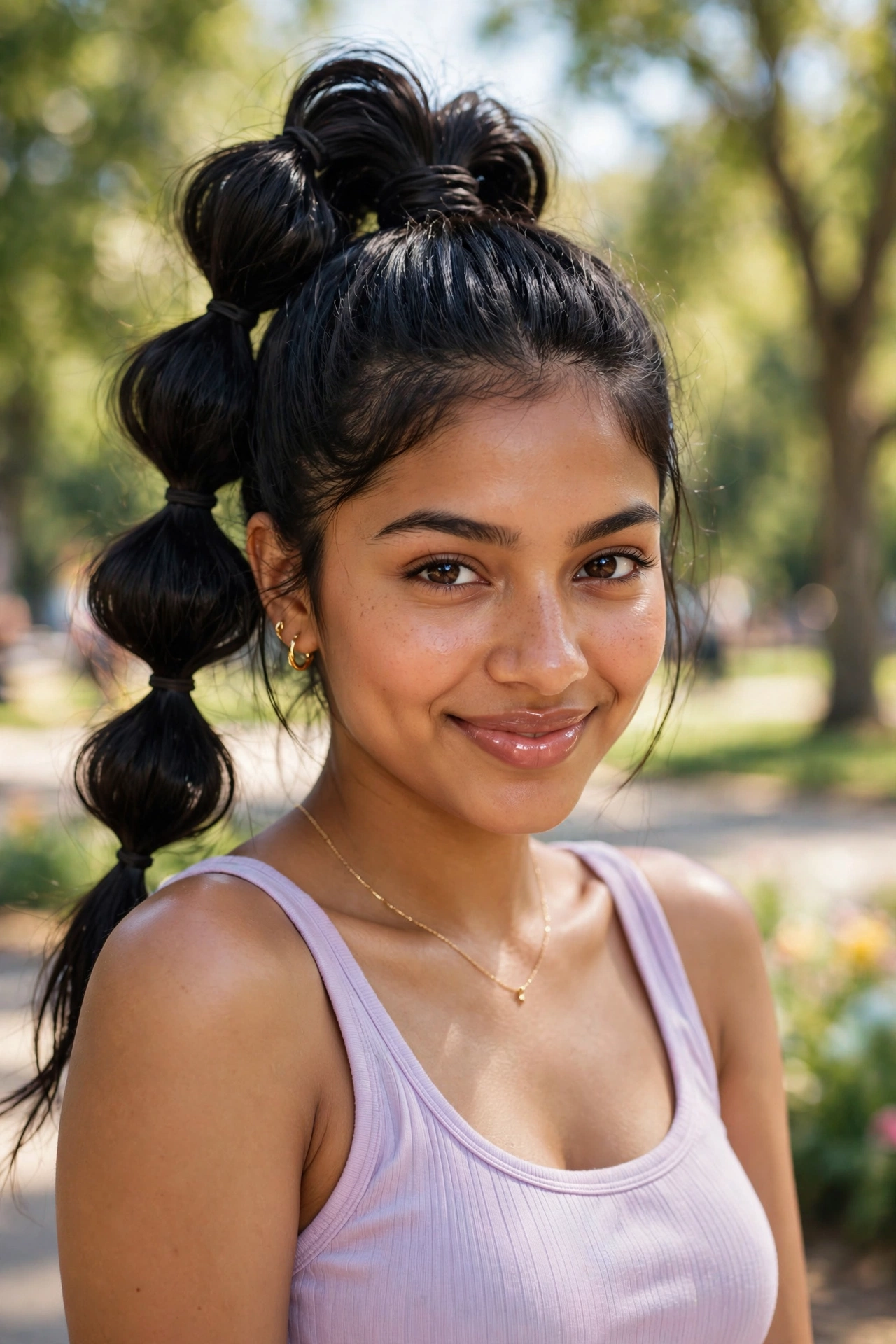 Woman with a high bubble ponytail, a fun summer hairstyle