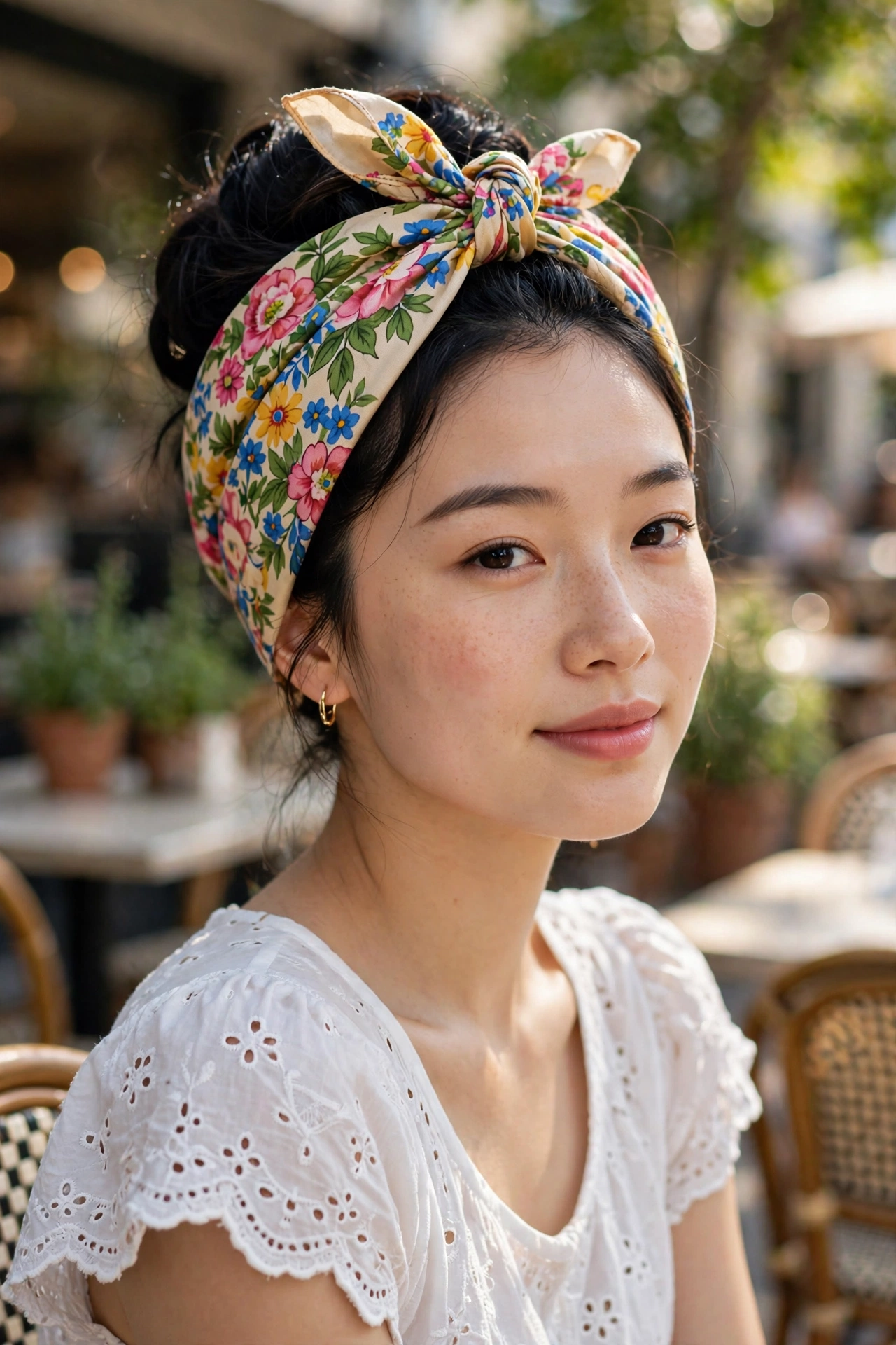 Woman with a silk bandana updo, a retro summer hairstyle
