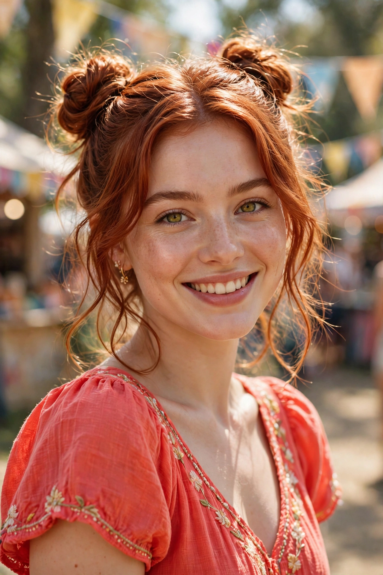 Woman with double space buns, a playful summer hairstyle
