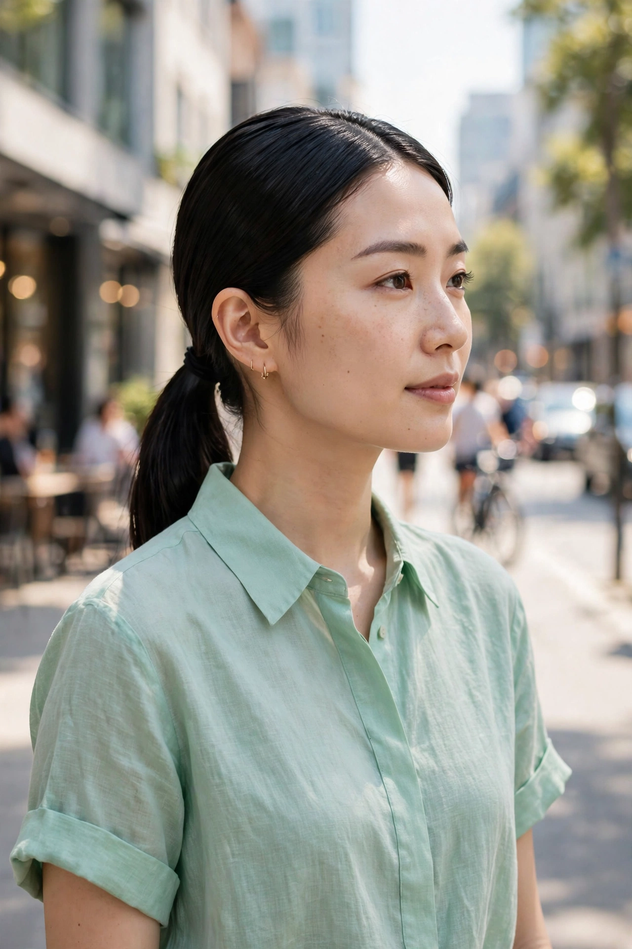 Woman with a low sleek ponytail, a chic summer hairstyle