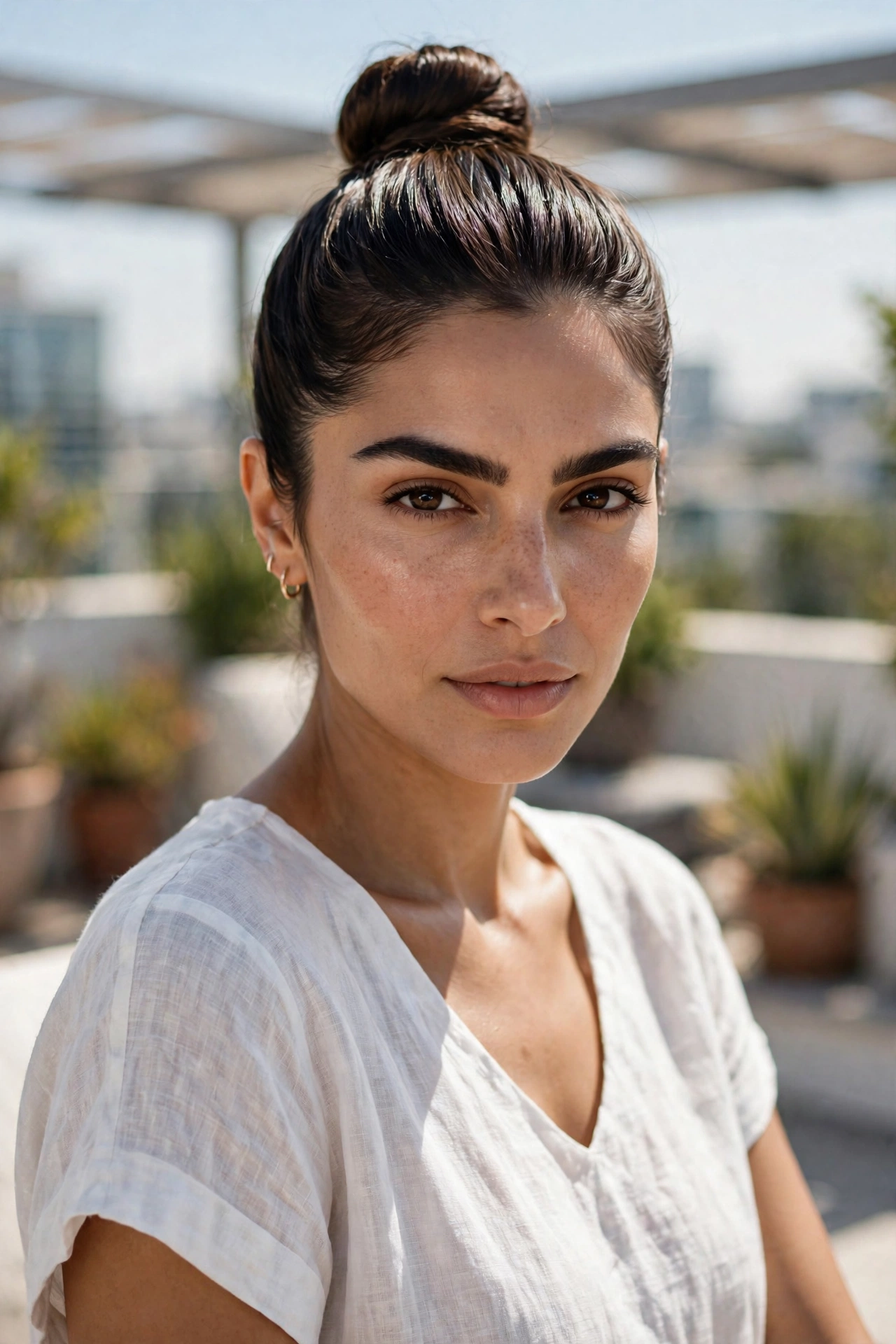 Woman with a polished top knot, a sleek summer hairstyle