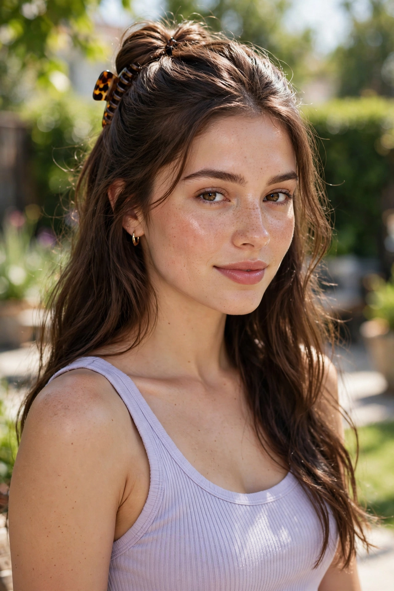 Woman with a half-up claw clip twist, a trendy summer hairstyle