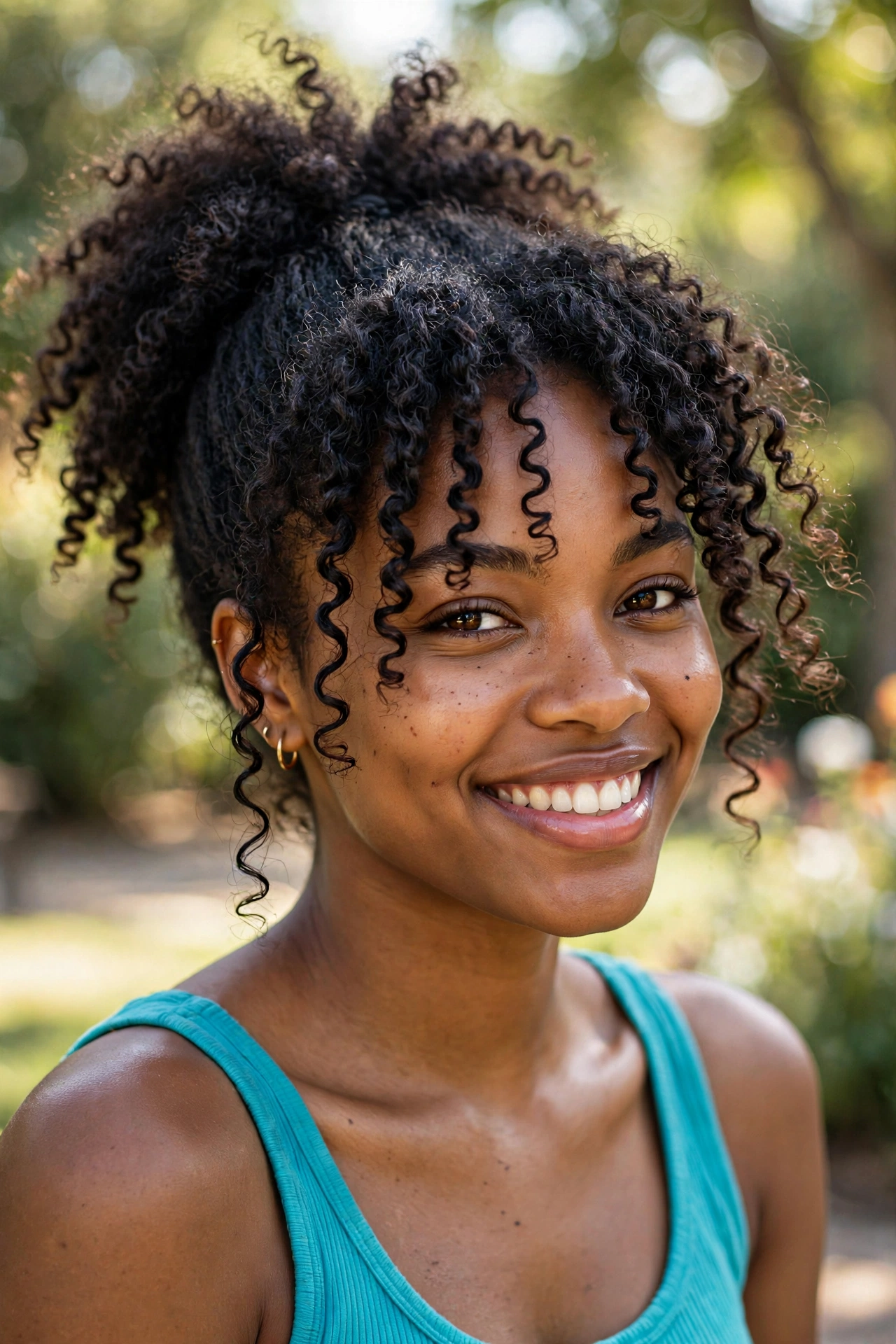 Woman with a high pineapple ponytail, a curly summer hairstyle