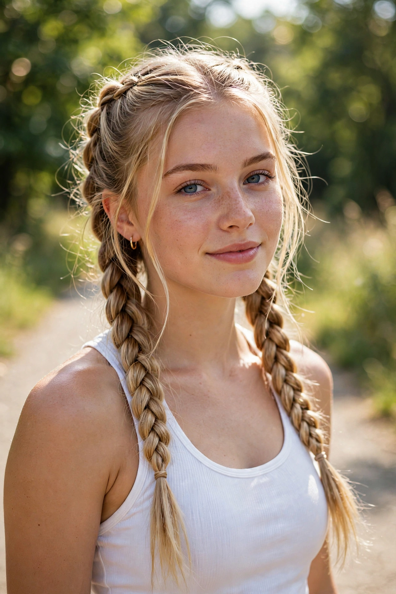 Woman with Dutch braid pigtails, a sporty summer hairstyle