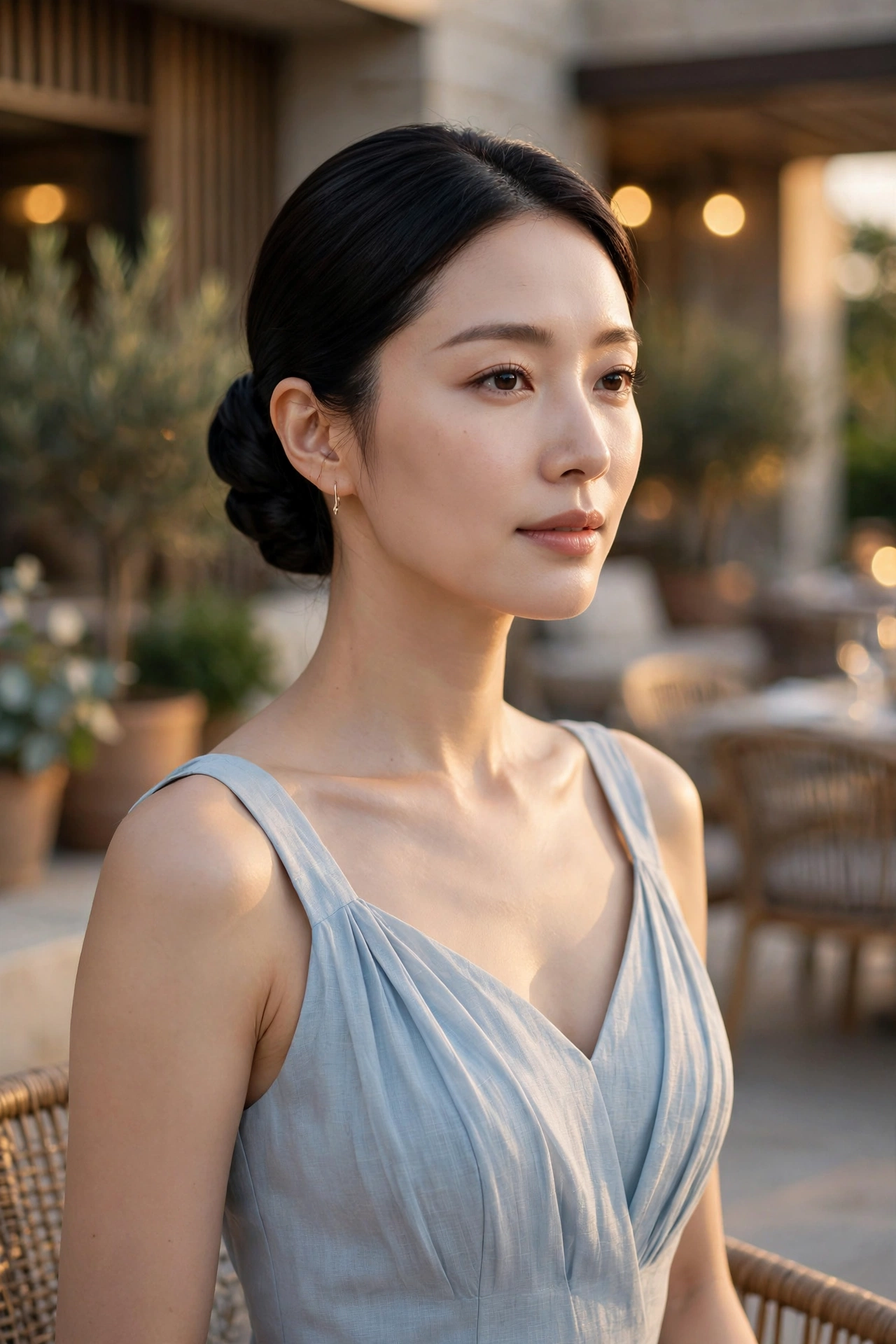 Woman with a low chignon bun, an elegant summer hairstyle