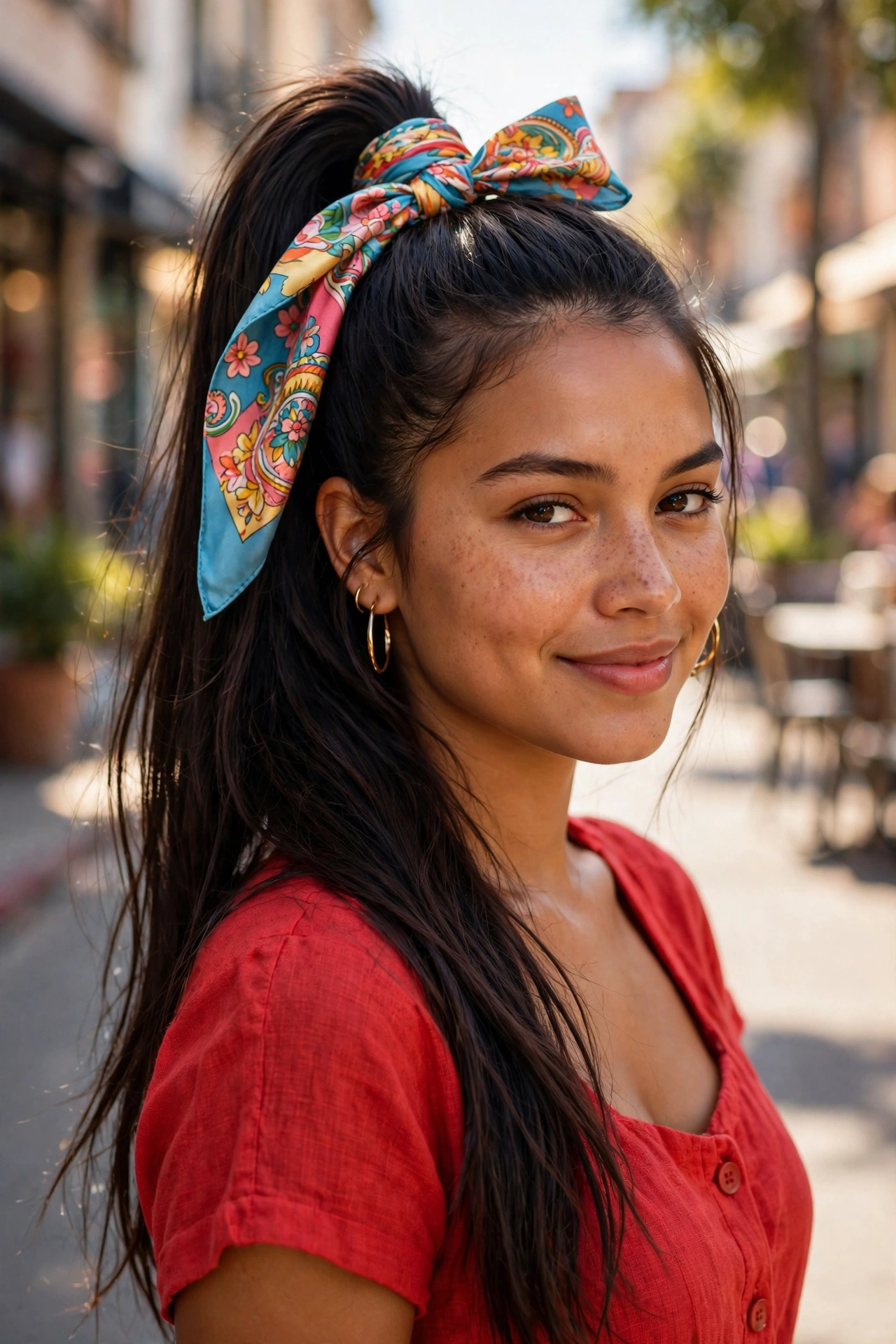 Woman with a scarf-wrapped ponytail, a chic summer hairstyle