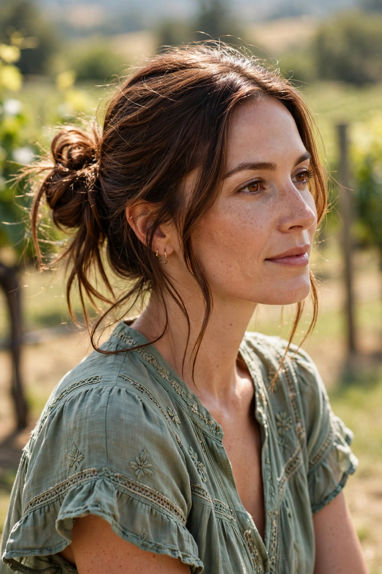 Woman with a messy side bun, a relaxed summer hairstyle
