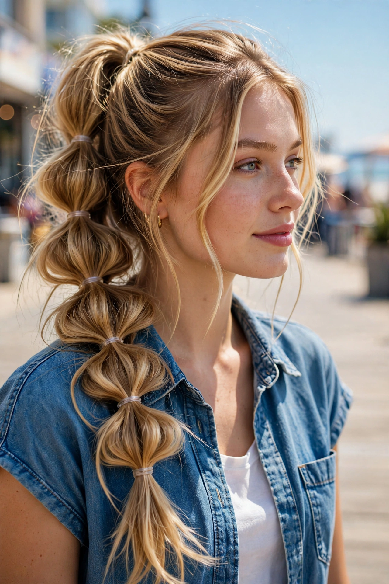 Woman with a voluminous pull-through braid, a trendy summer hairstyle