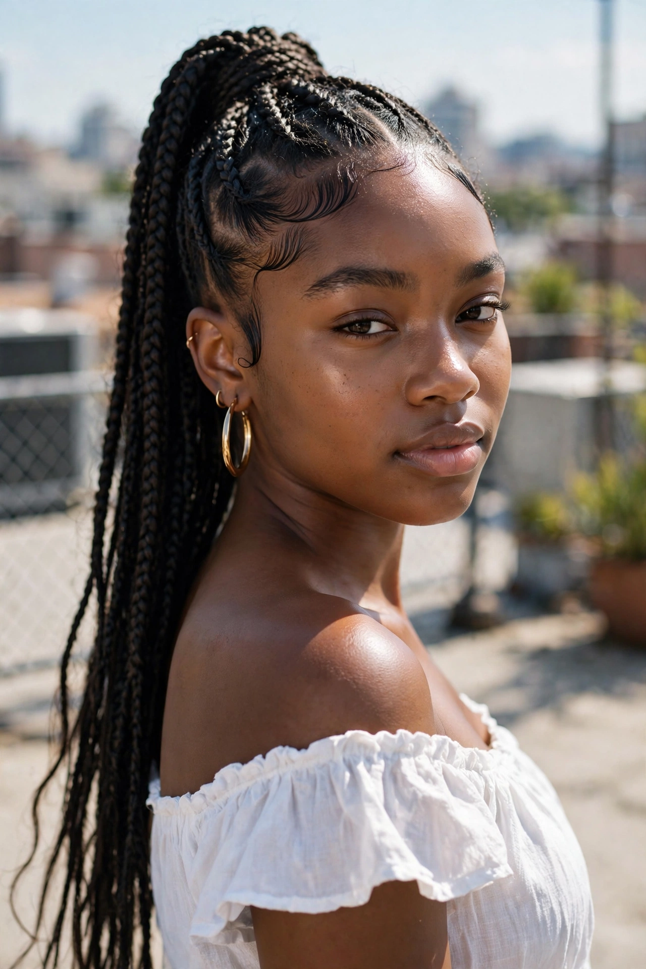 Woman with a high braided ponytail, a bold summer hairstyle