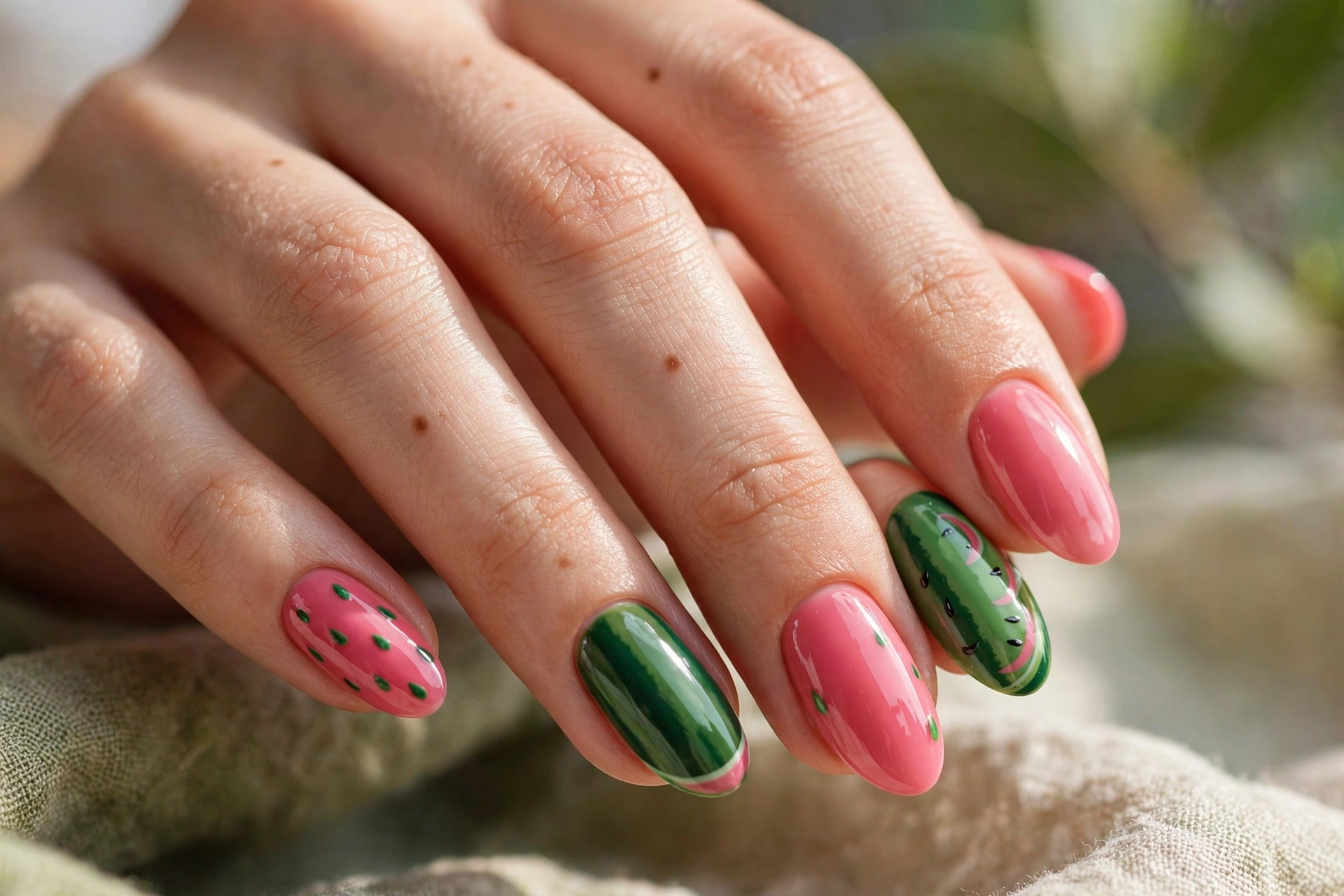 watermelon pink green nails summer nail designs