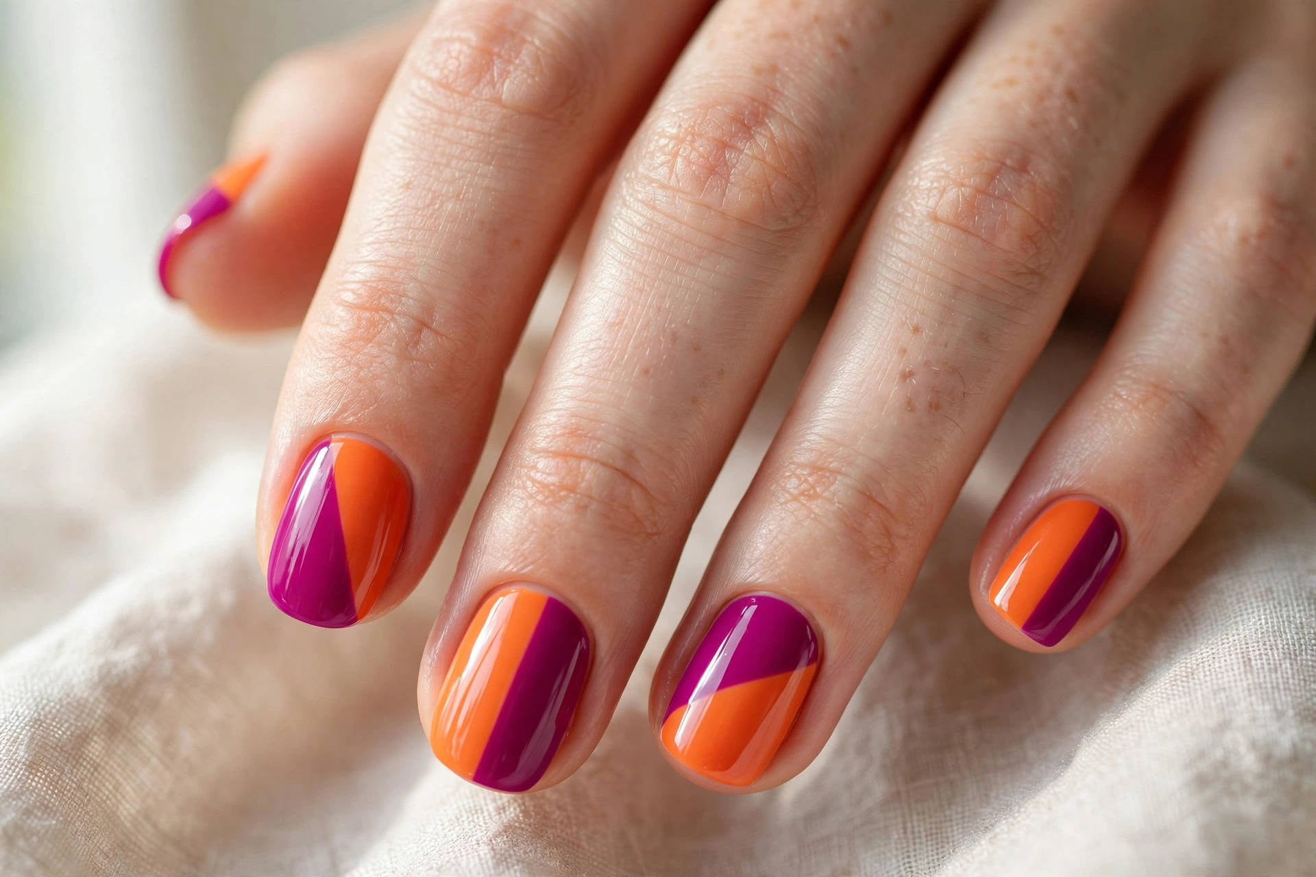 magenta orange colour-block nails summer nail designs