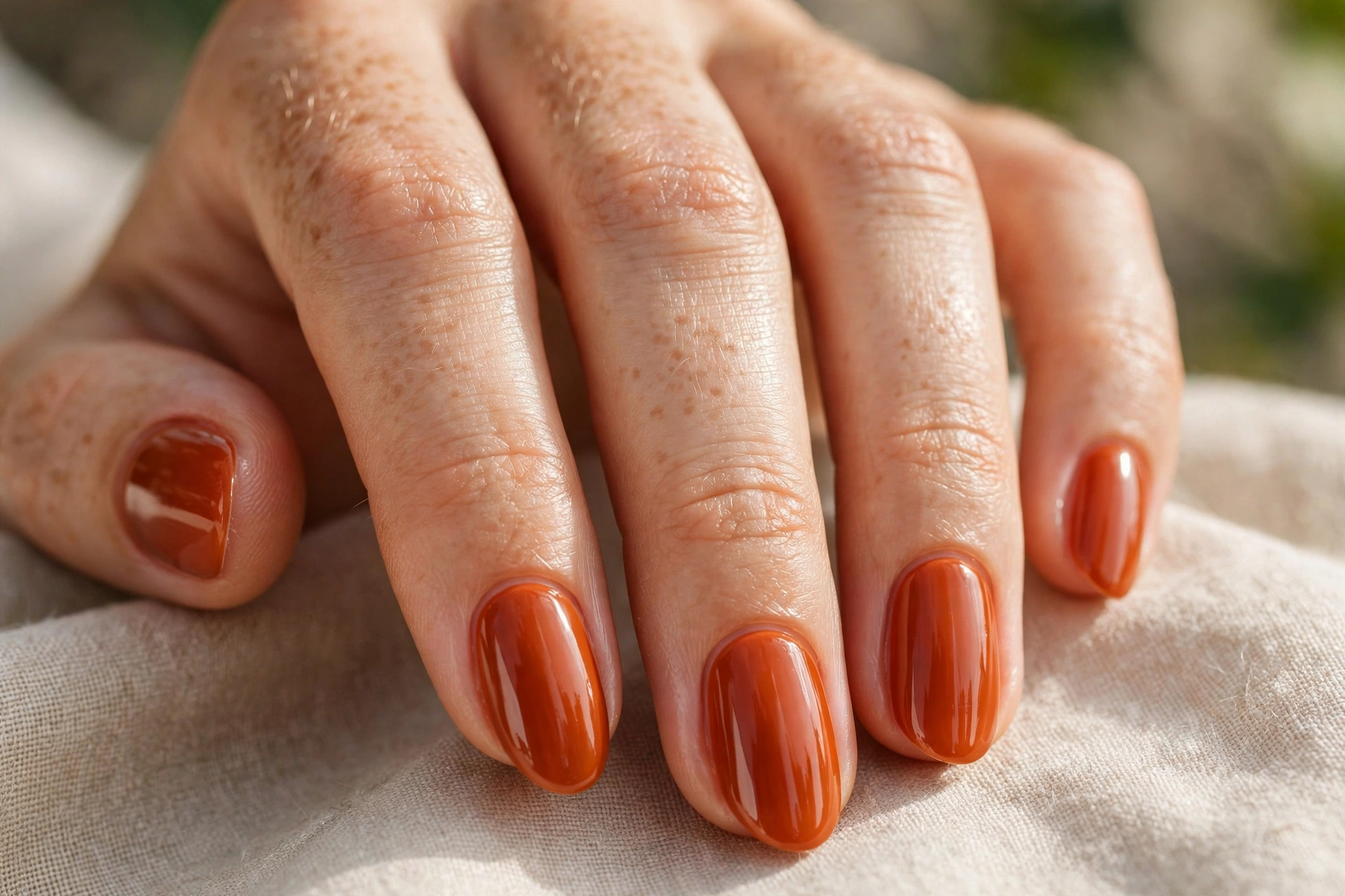 burnt orange glossy nails thanksgiving nail designs