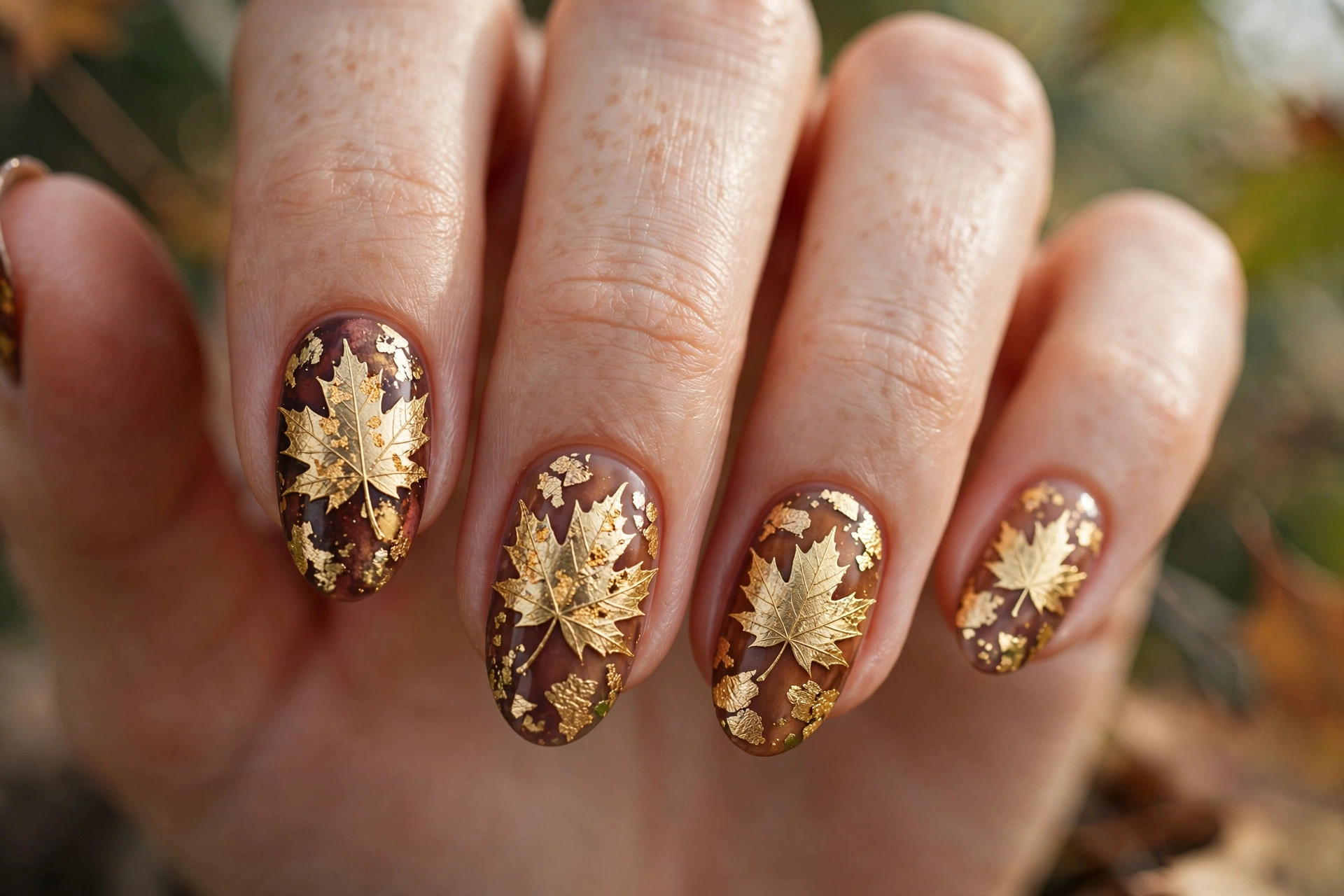 maple leaf gold foil nails thanksgiving nail designs