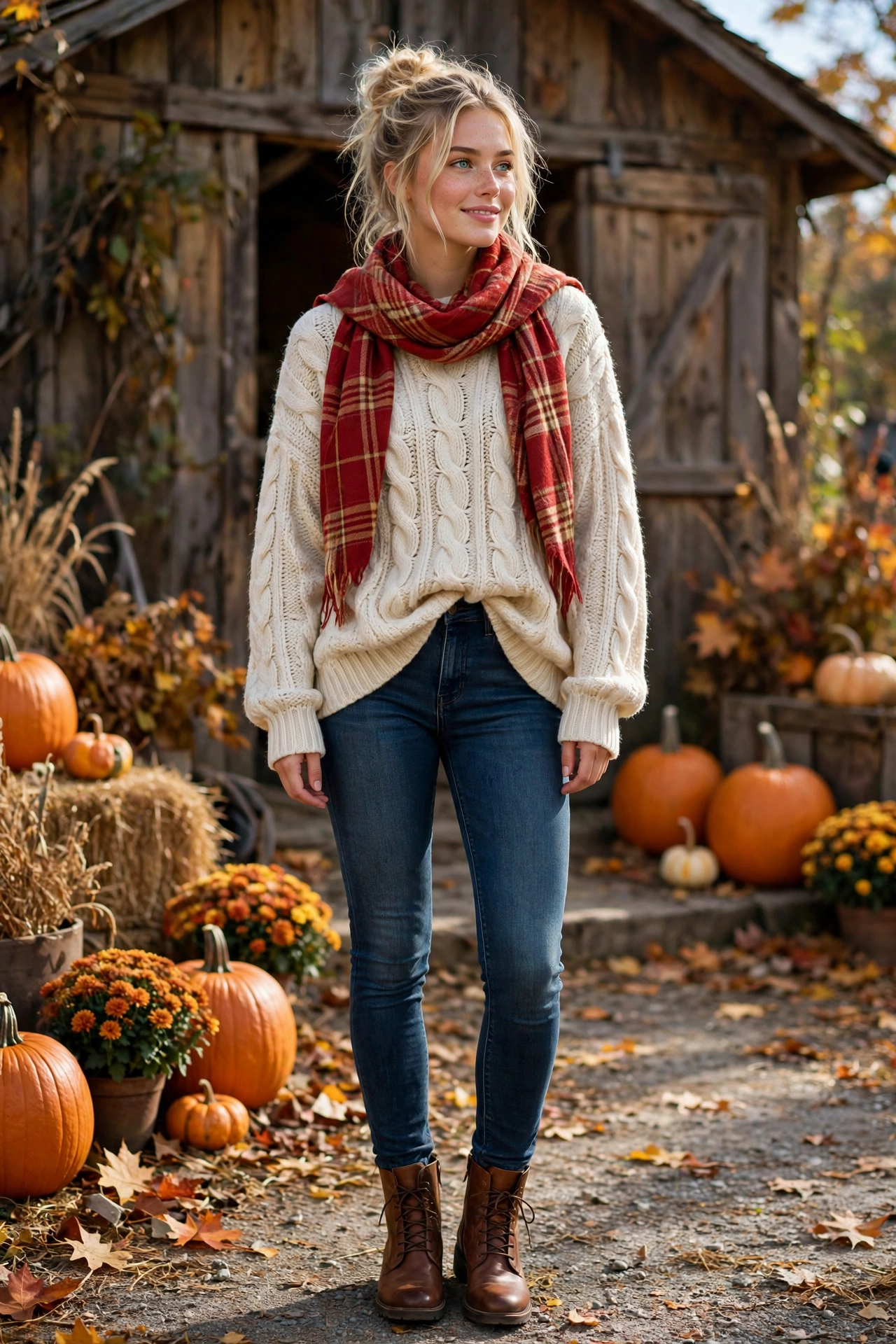 Chunky knit sweater with plaid scarf and dark jeans, classic thanksgiving outfit for women