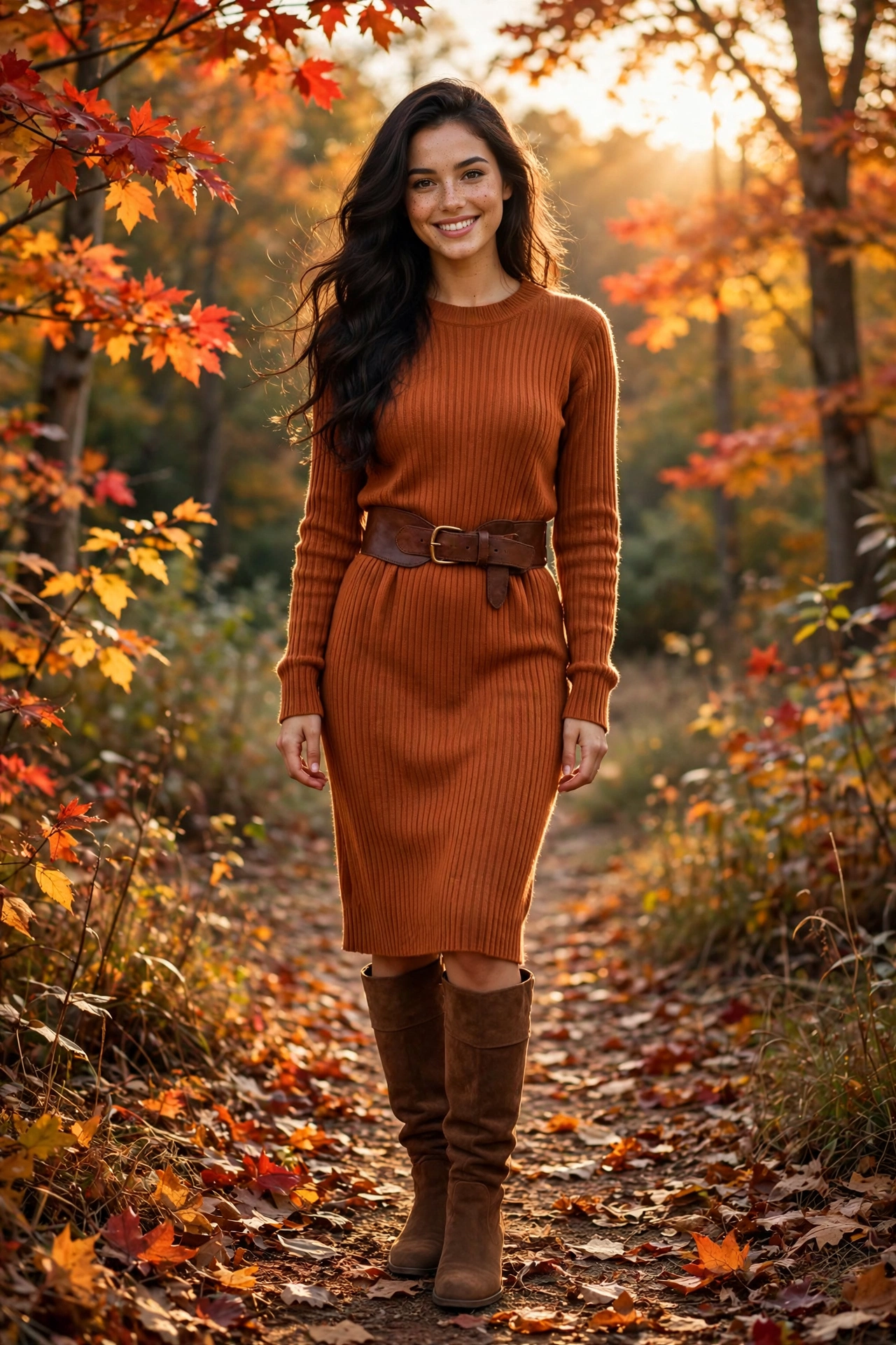 Burnt orange sweater dress with knee-high boots, festive thanksgiving outfits for women