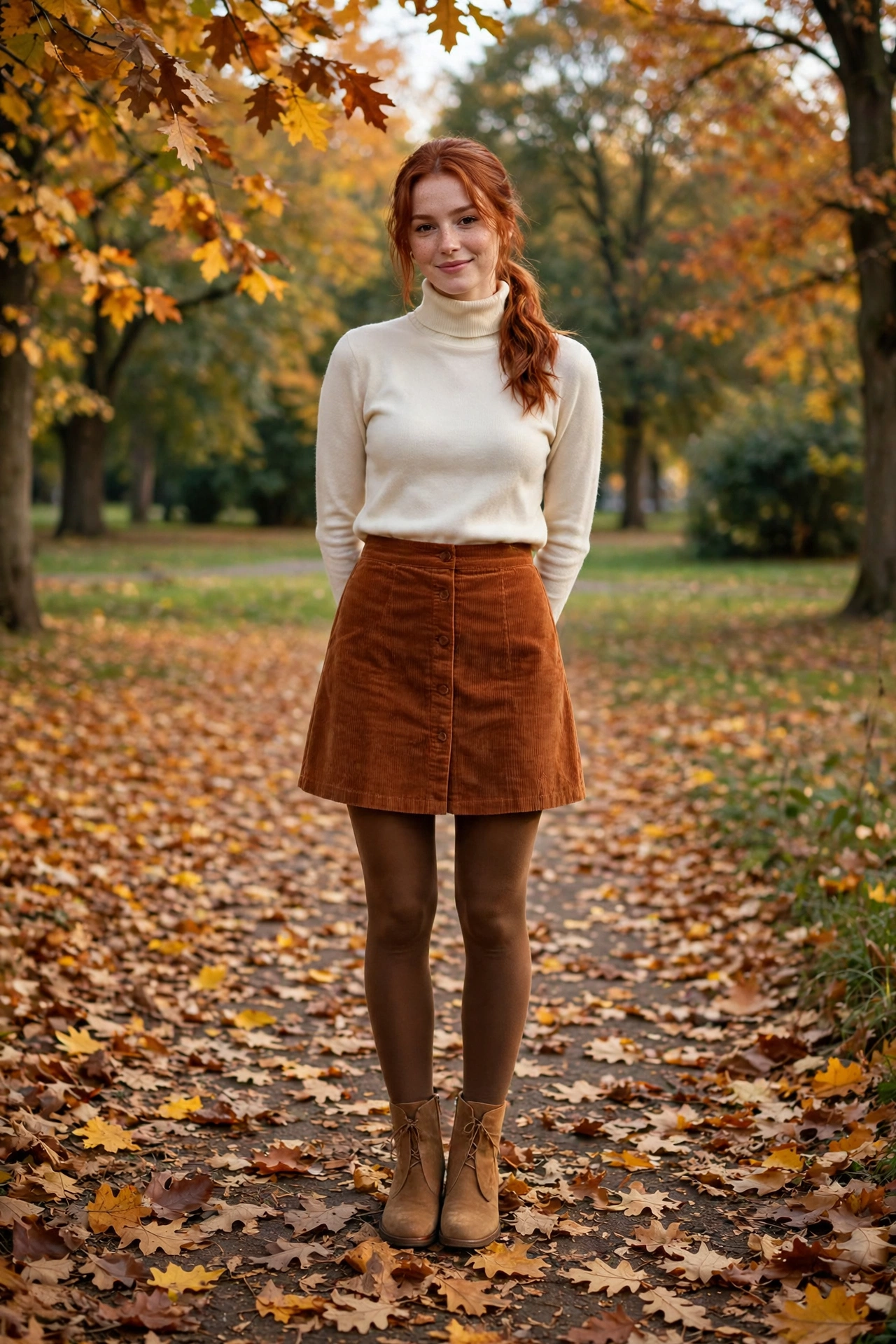 Corduroy mini skirt with cream turtleneck, cute thanksgiving outfit idea