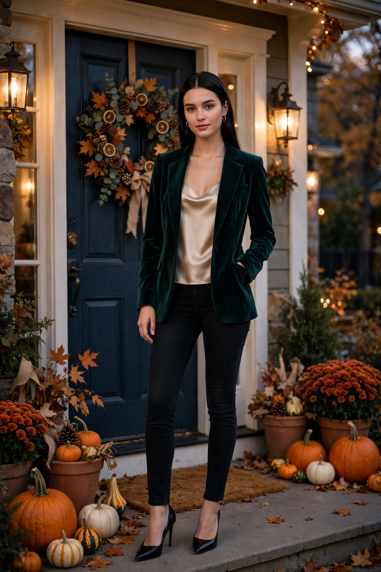 Velvet blazer with black jeans and satin top, dressy thanksgiving outfit