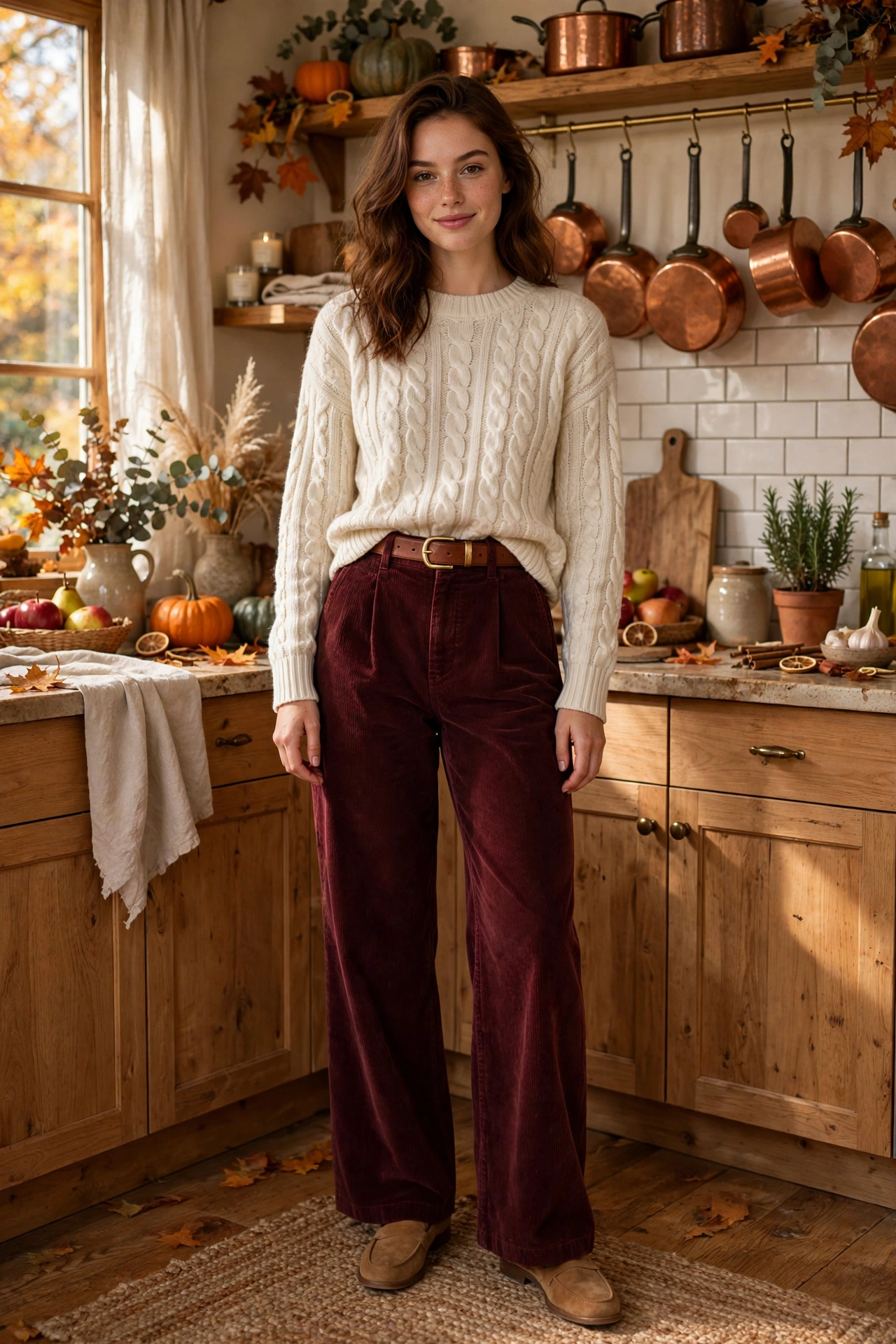 Burgundy corduroy pants with ivory cable-knit sweater, warm thanksgiving outfit