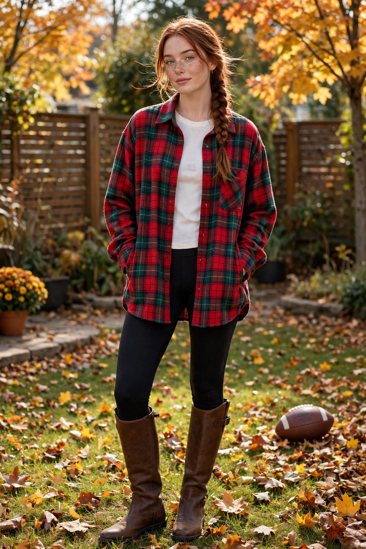 Plaid flannel shirt with leggings and riding boots, casual thanksgiving outfit