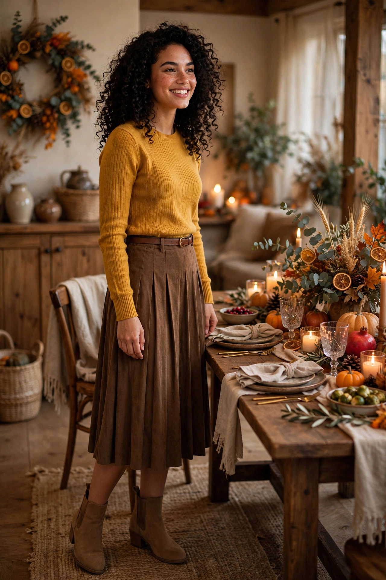 Mustard knit top with brown pleated midi skirt, chic thanksgiving outfits for women