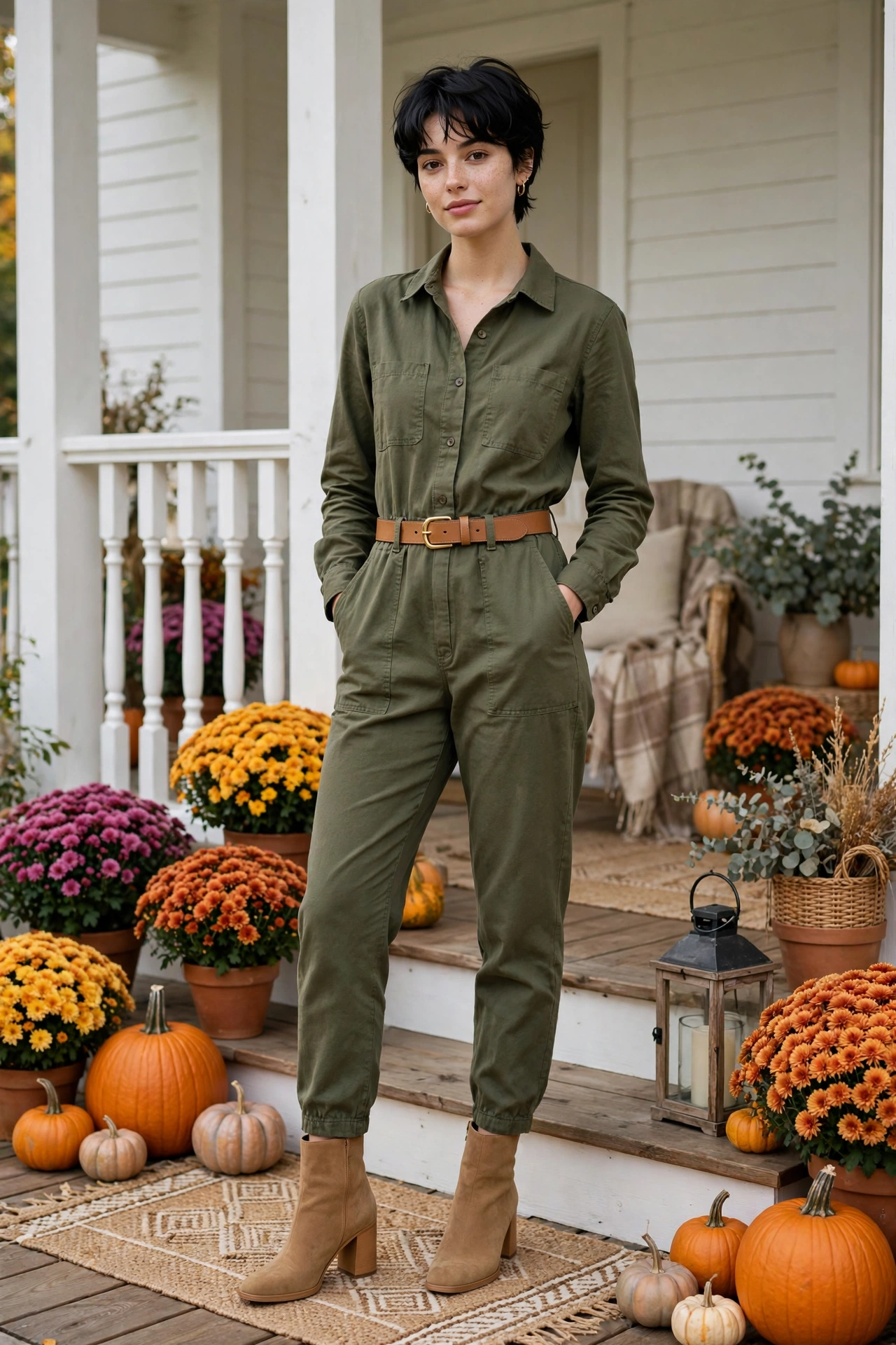 Olive green jumpsuit with tan belt, modern thanksgiving outfit idea