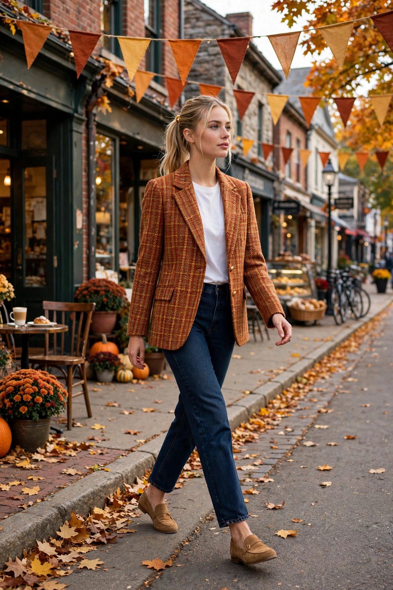 Tweed blazer with white tee and jeans, polished thanksgiving outfit