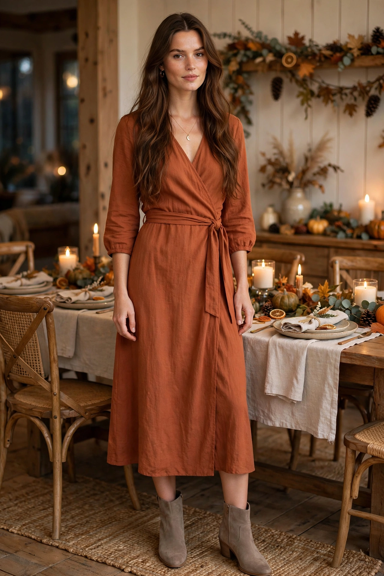 Rust-colored wrap dress with ankle boots, flattering thanksgiving outfit for women