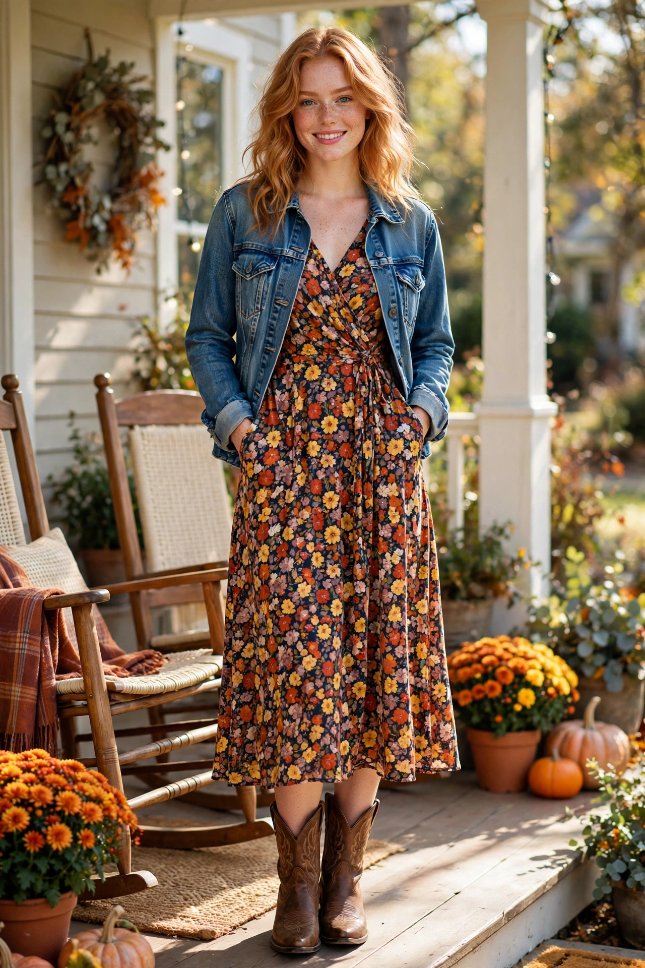 Denim jacket over autumn floral dress with boots, relaxed thanksgiving outfit
