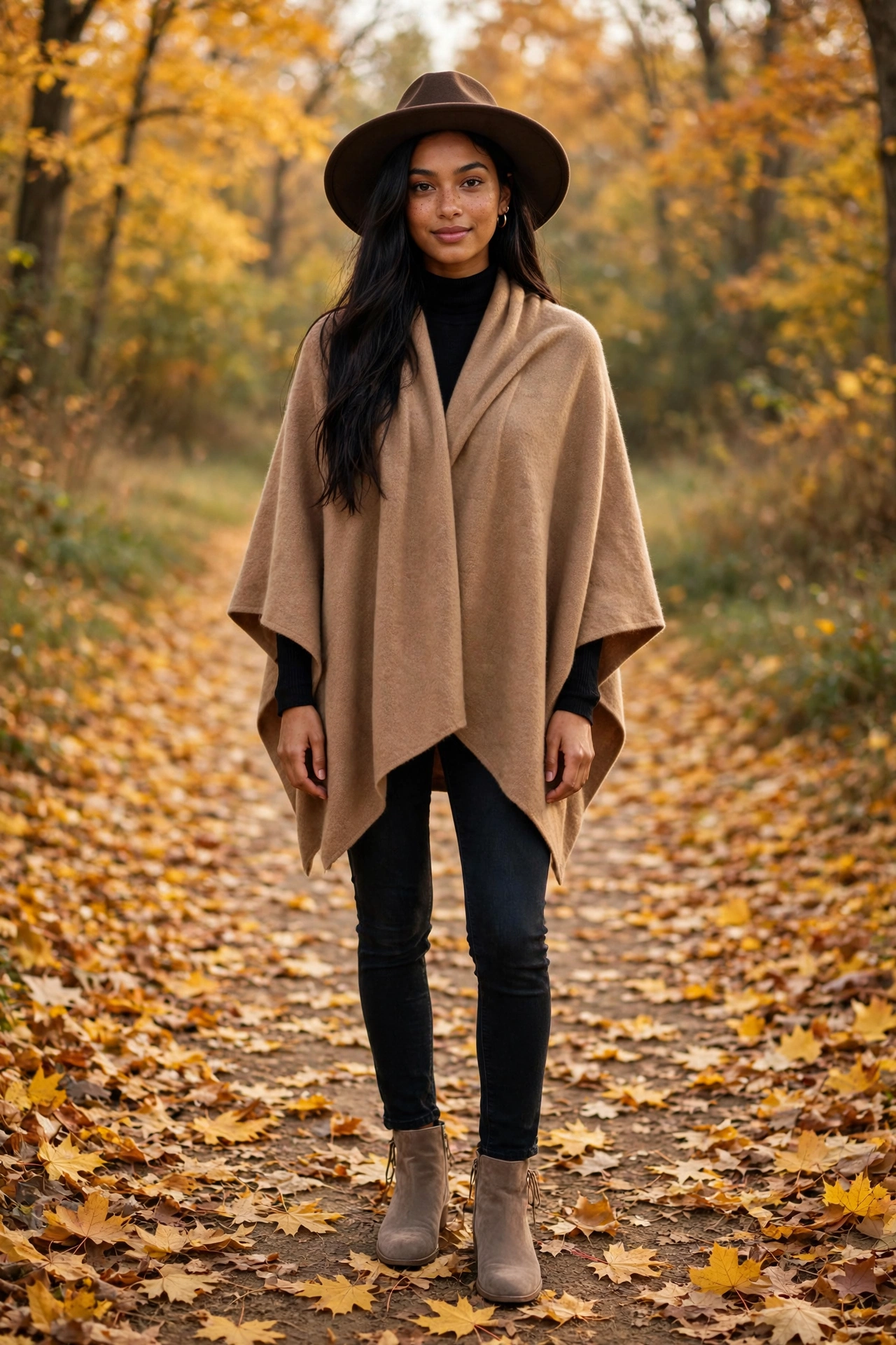 Camel poncho with skinny jeans and booties, cozy thanksgiving outfit