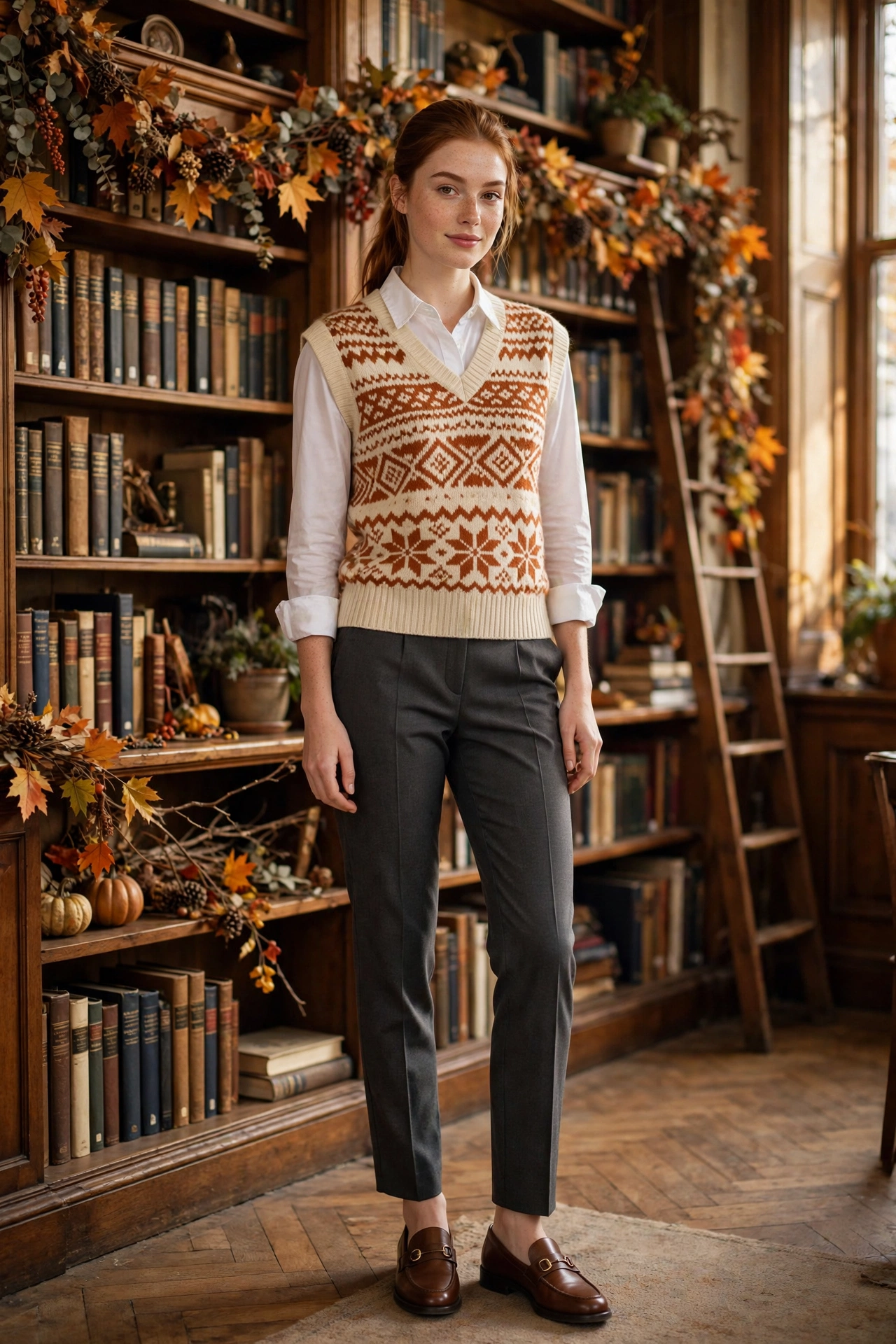Sweater vest over collared shirt with tailored trousers, preppy thanksgiving outfit