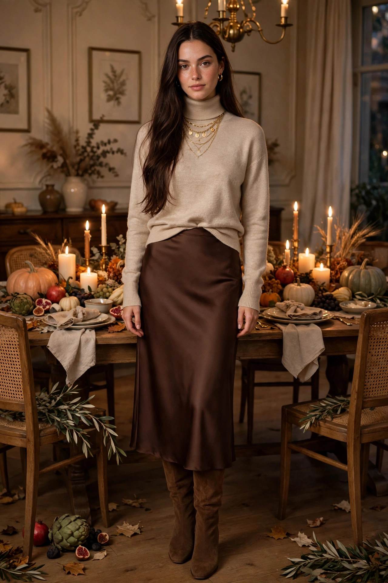 Chocolate brown satin skirt with beige turtleneck sweater, elegant thanksgiving outfit
