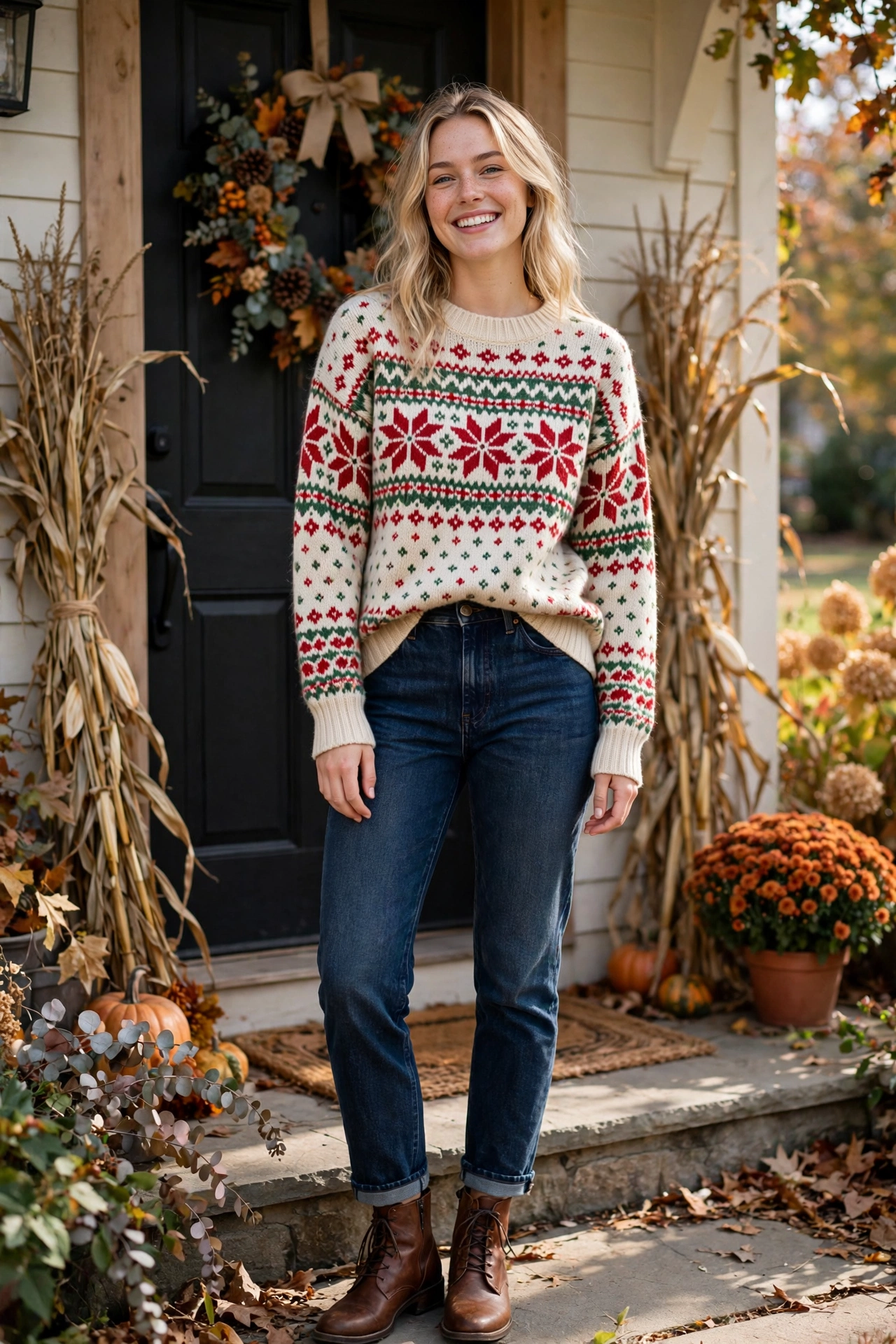 Fair isle sweater with dark-wash denim, classic thanksgiving outfits for women