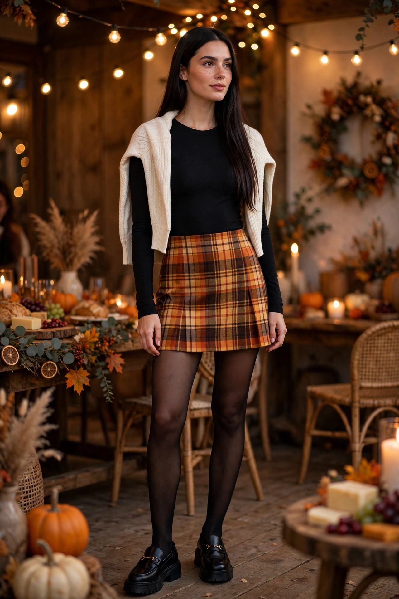 Black bodysuit with plaid mini skirt and opaque tights, trendy thanksgiving outfit