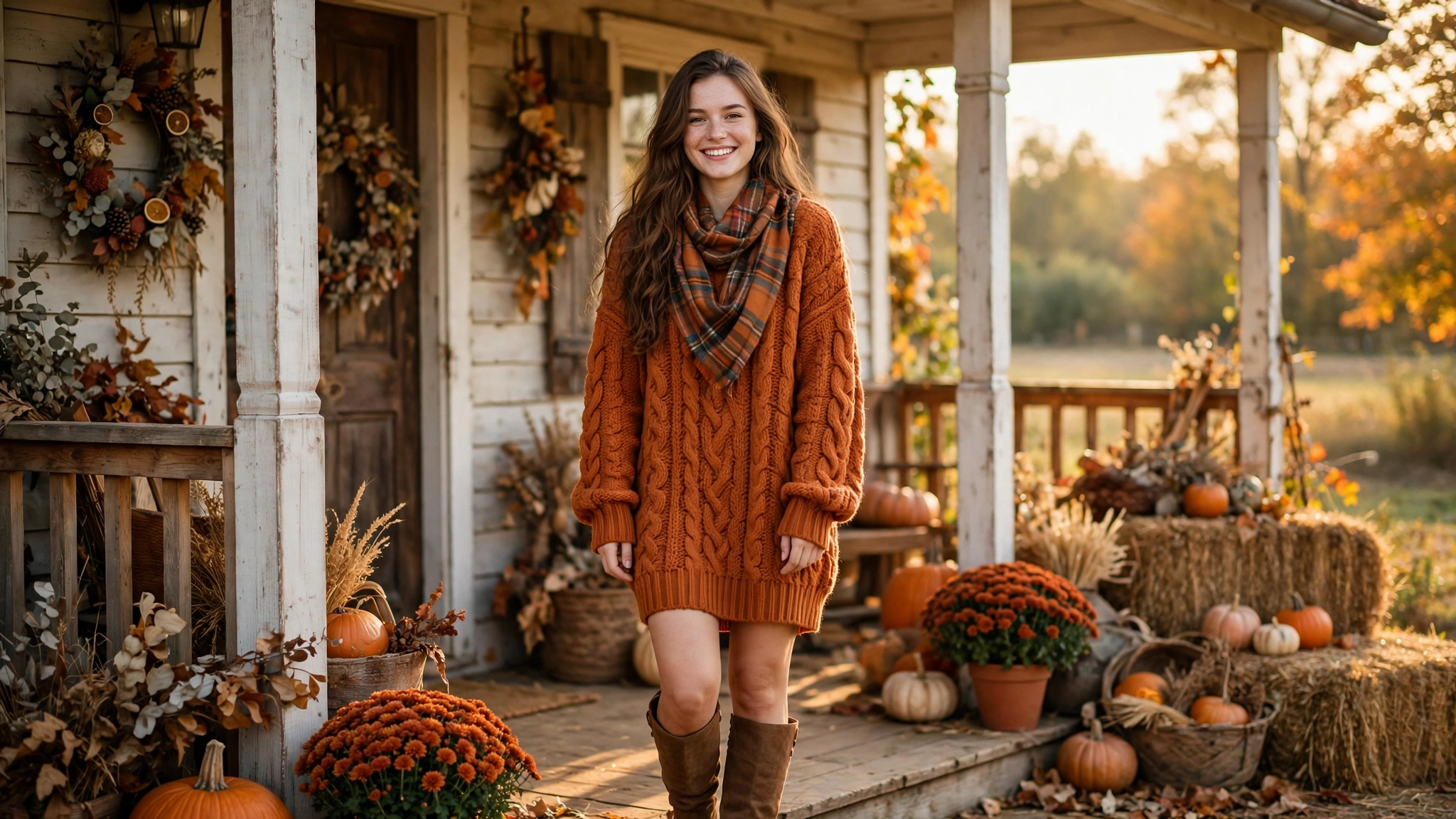 Woman in a festive thanksgiving outfit on a cozy autumn porch with pumpkins