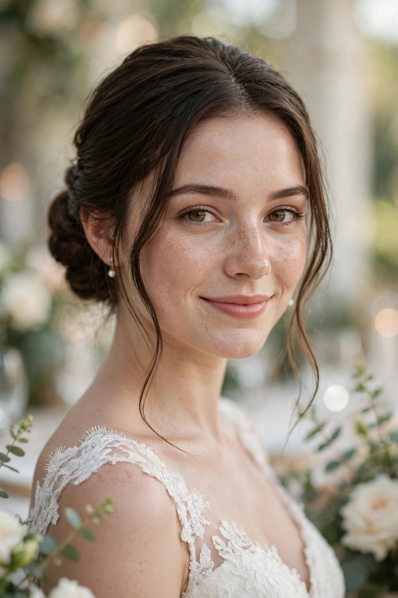 Bride with a low chignon updo and face-framing strands, one of the best updo hairstyle ideas for weddings