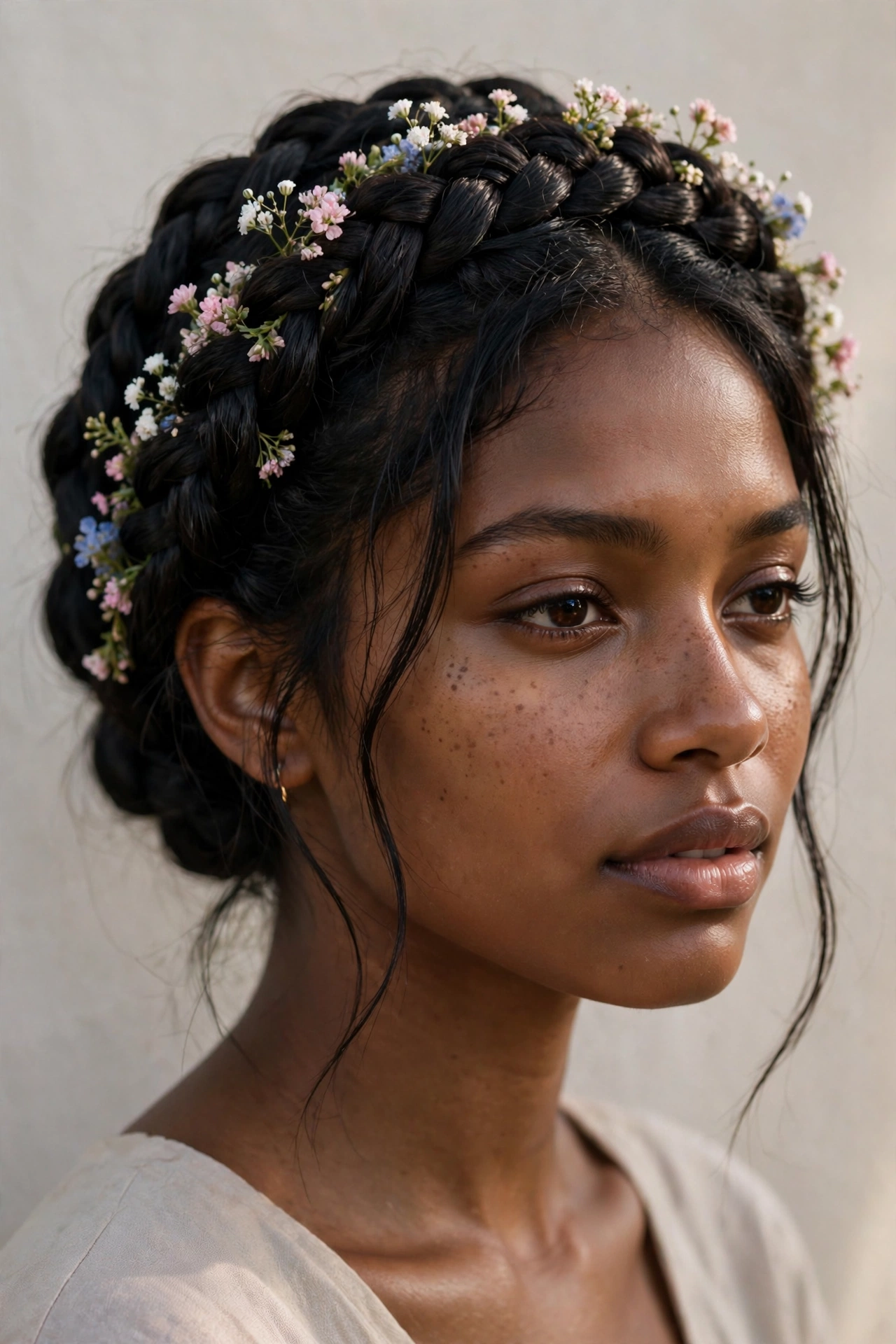 Braided crown updo with small flowers, a romantic updo hairstyle idea for weddings